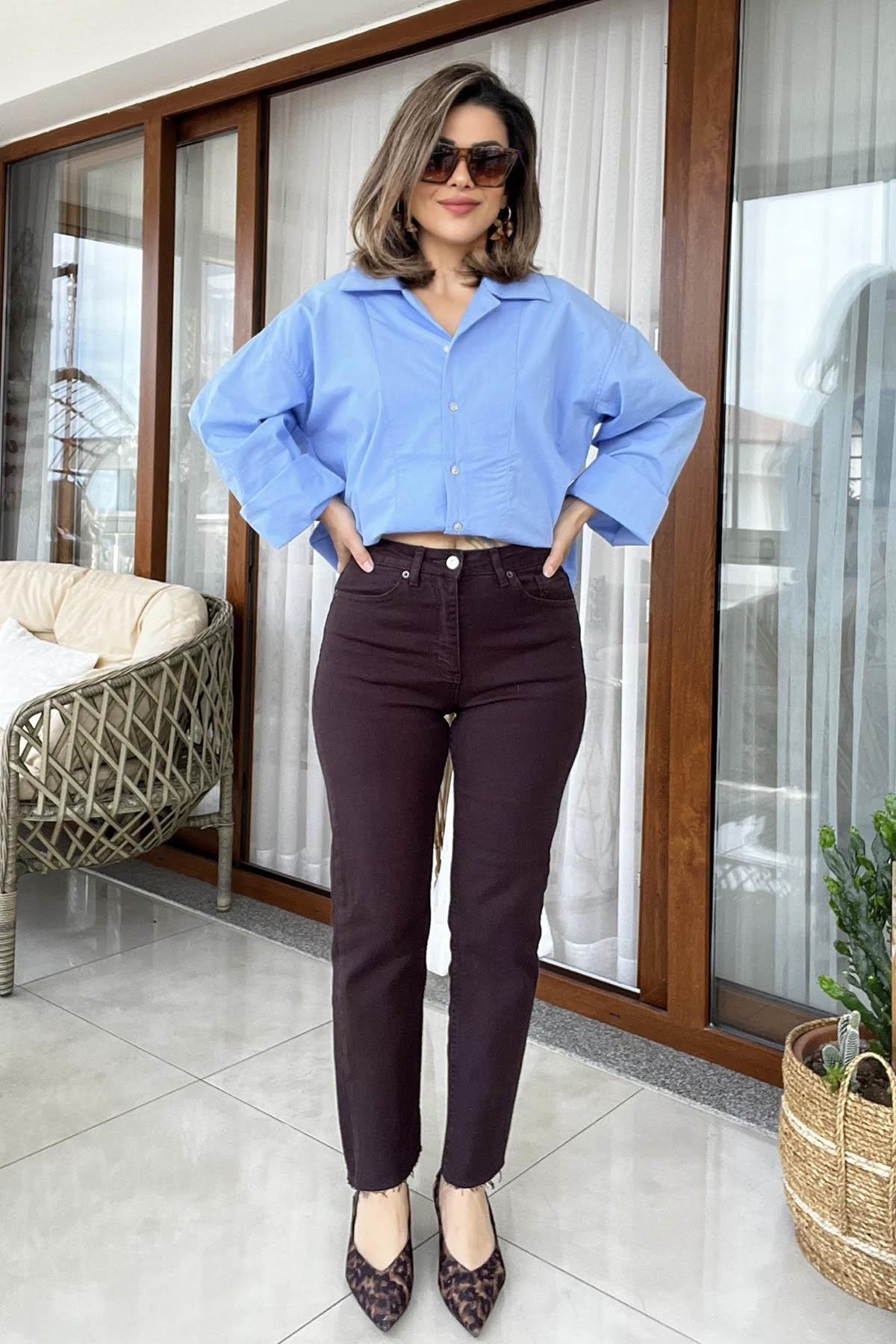 Eswomes Kesik Paça Boyfit Jean Acı Kahve