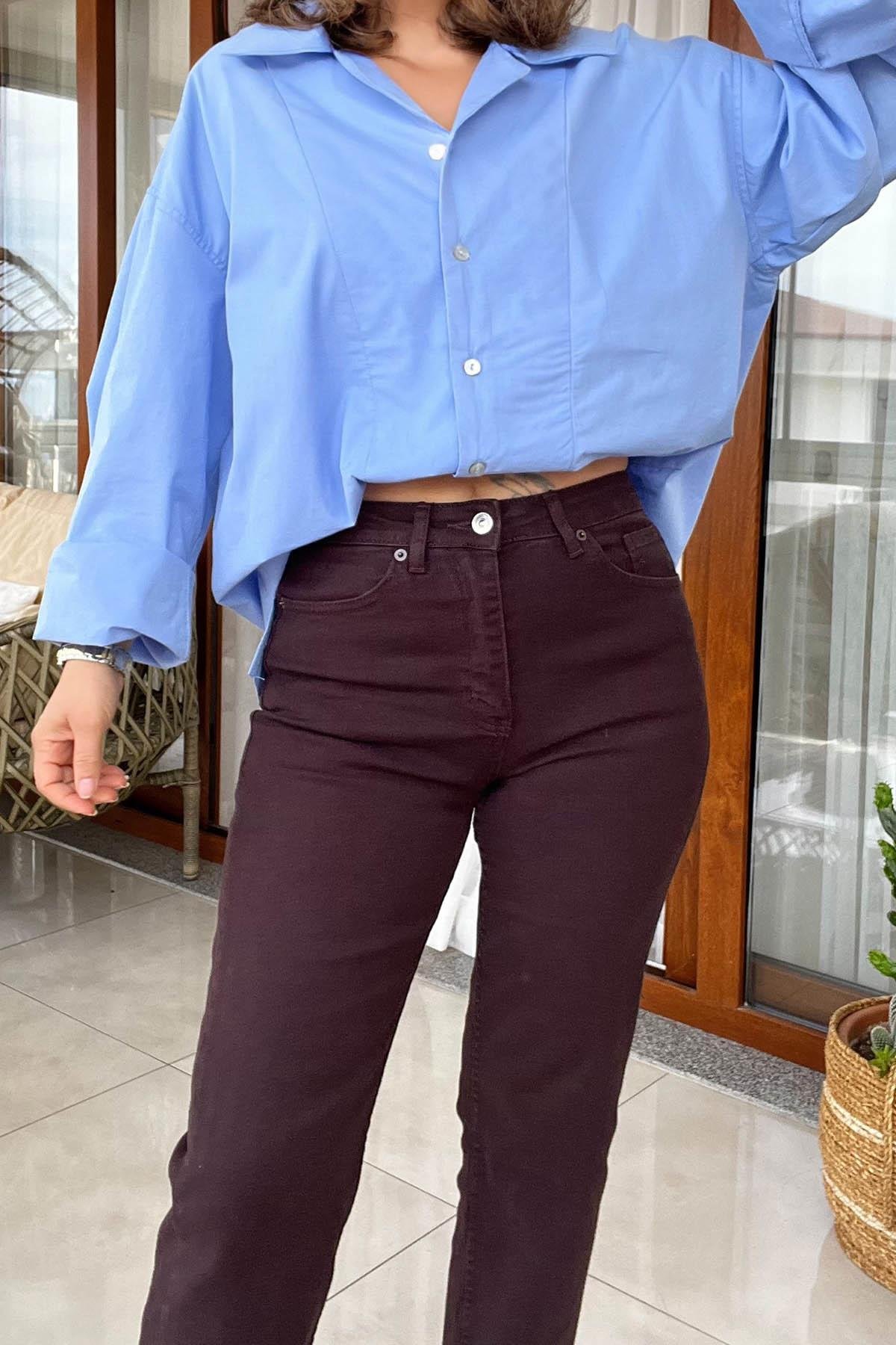 Eswomes Kesik Paça Boyfit Jean Acı Kahve