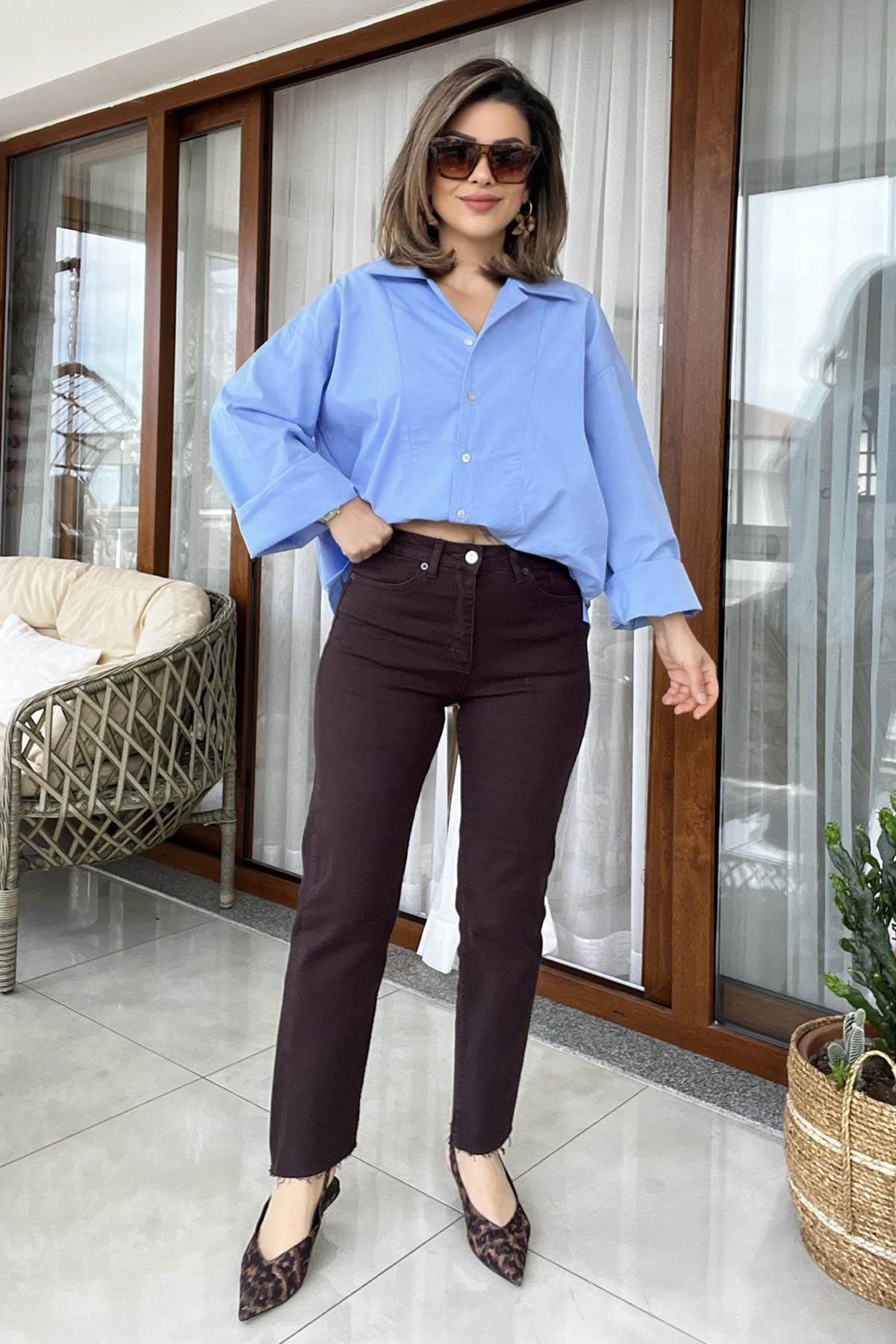Eswomes Kesik Paça Boyfit Jean Acı Kahve
