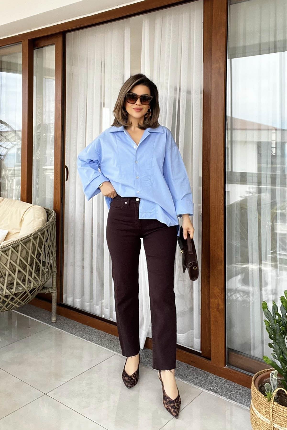 Eswomes Kesik Paça Boyfit Jean Acı Kahve
