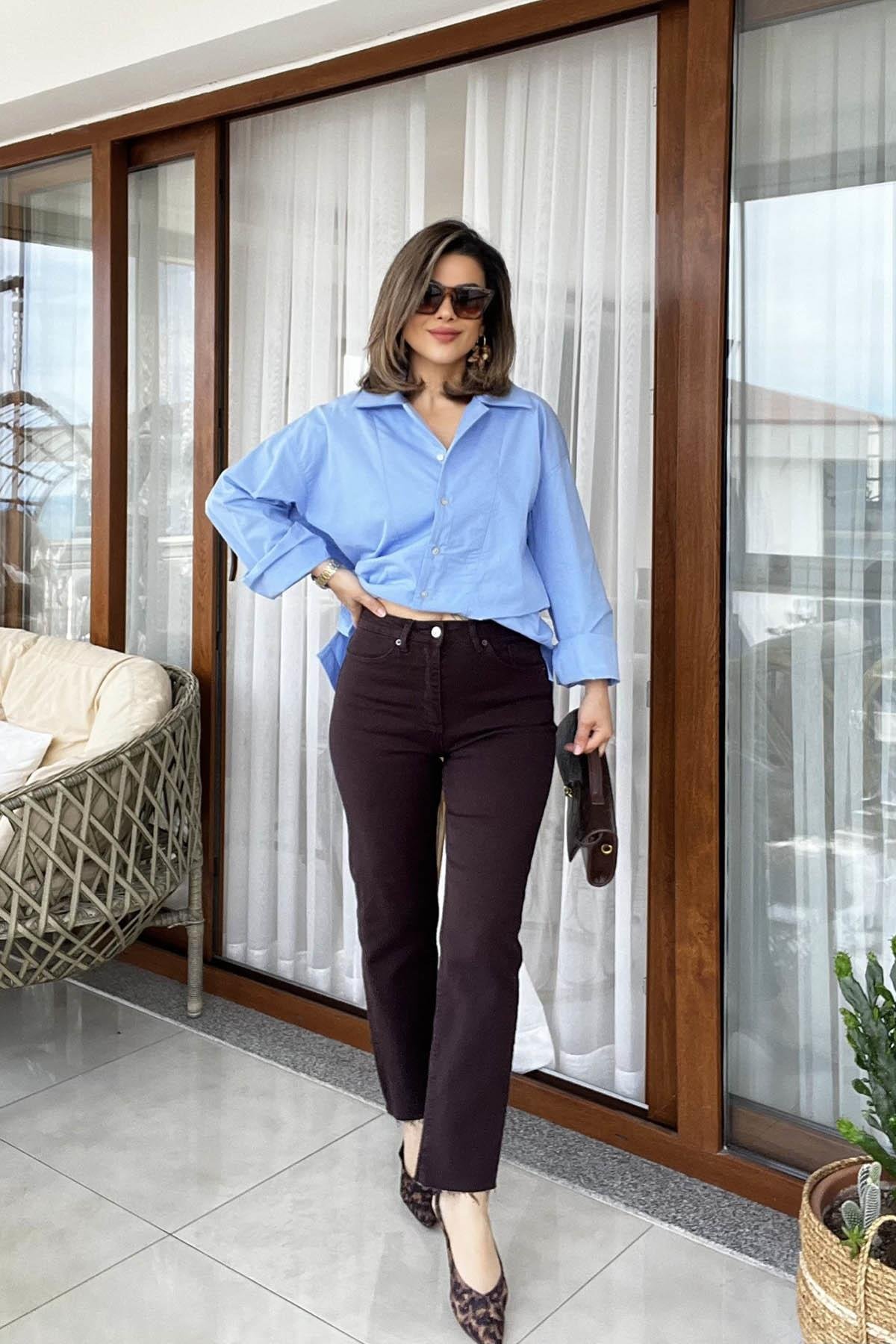 Eswomes Kesik Paça Boyfit Jean Acı Kahve