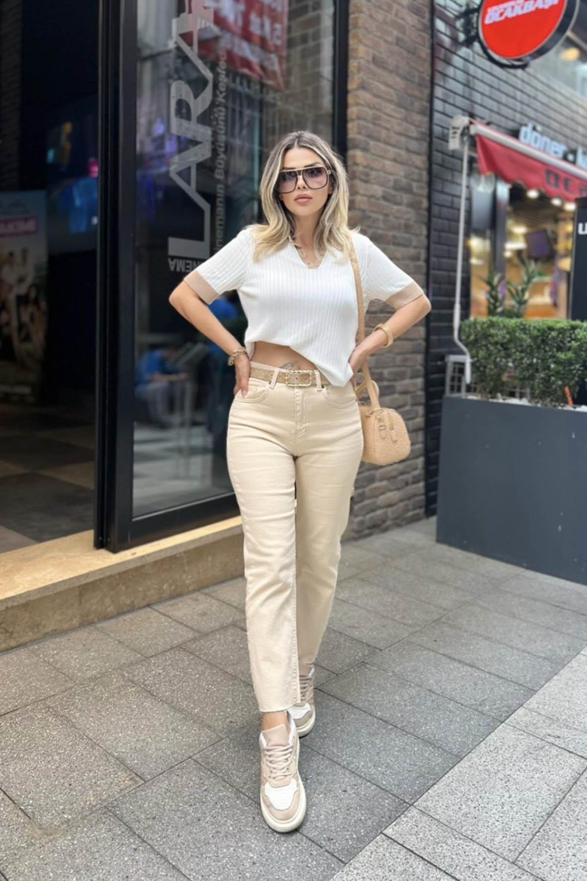 Eswomes Kesik Paça Boyfit Jean Bej