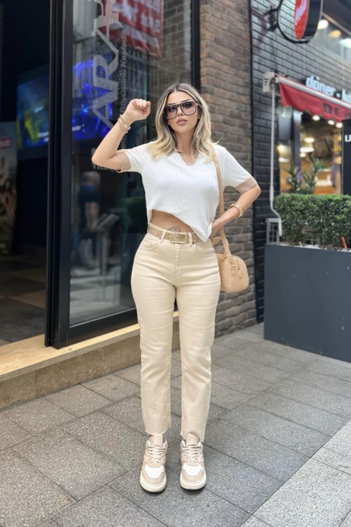 Eswomes Kesik Paça Boyfit Jean Bej