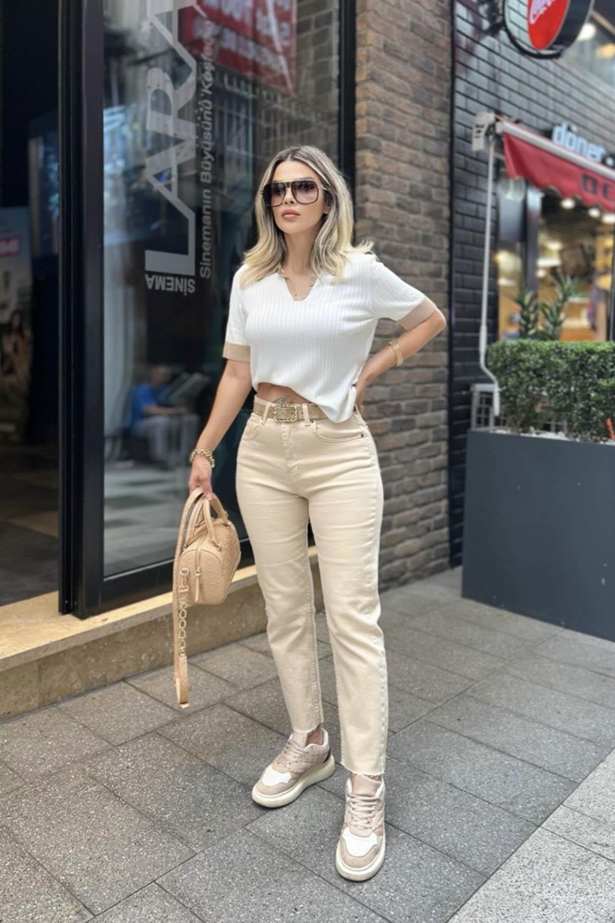 Eswomes Kesik Paça Boyfit Jean Bej