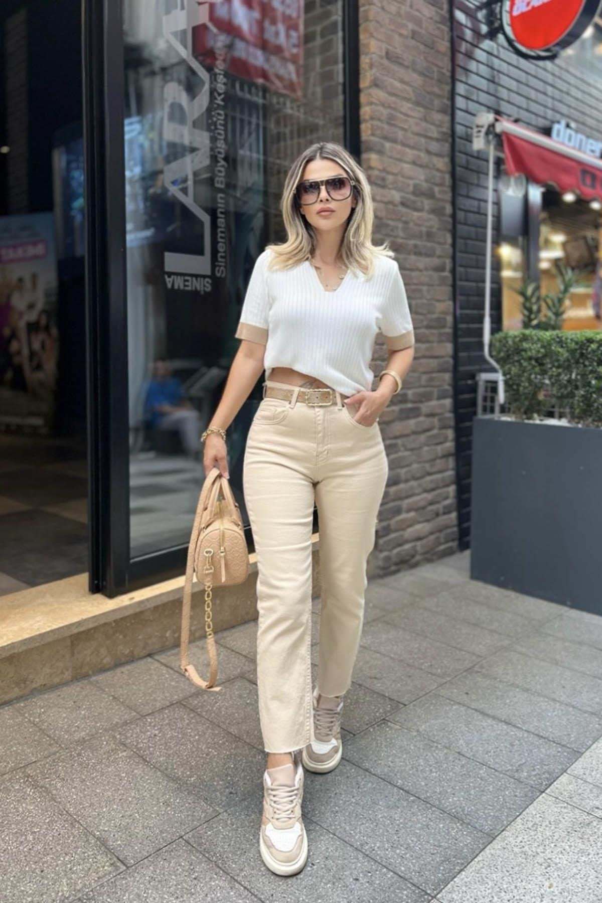 Eswomes Kesik Paça Boyfit Jean Bej
