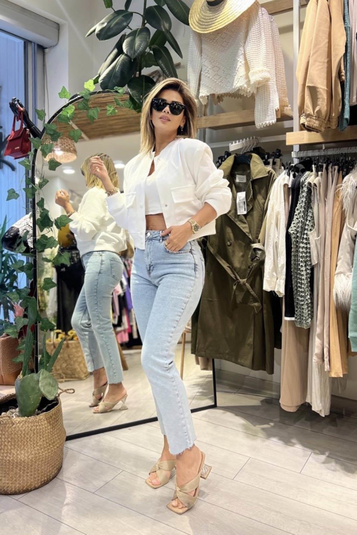 Eswomes Kesik Paça Boyfit Jean Buz Mavi