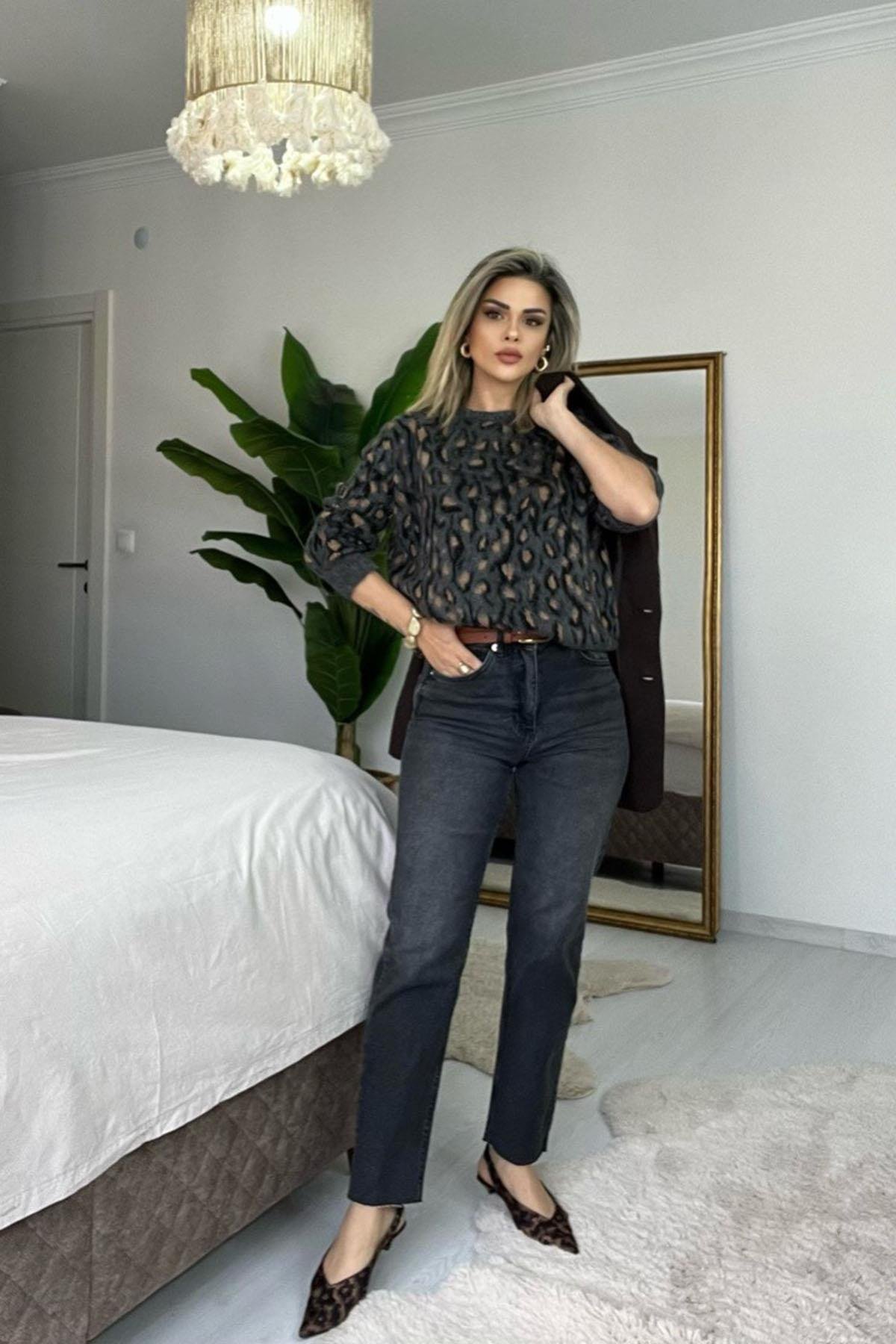 Eswomes Kesik Paça Boyfit Jean Füme