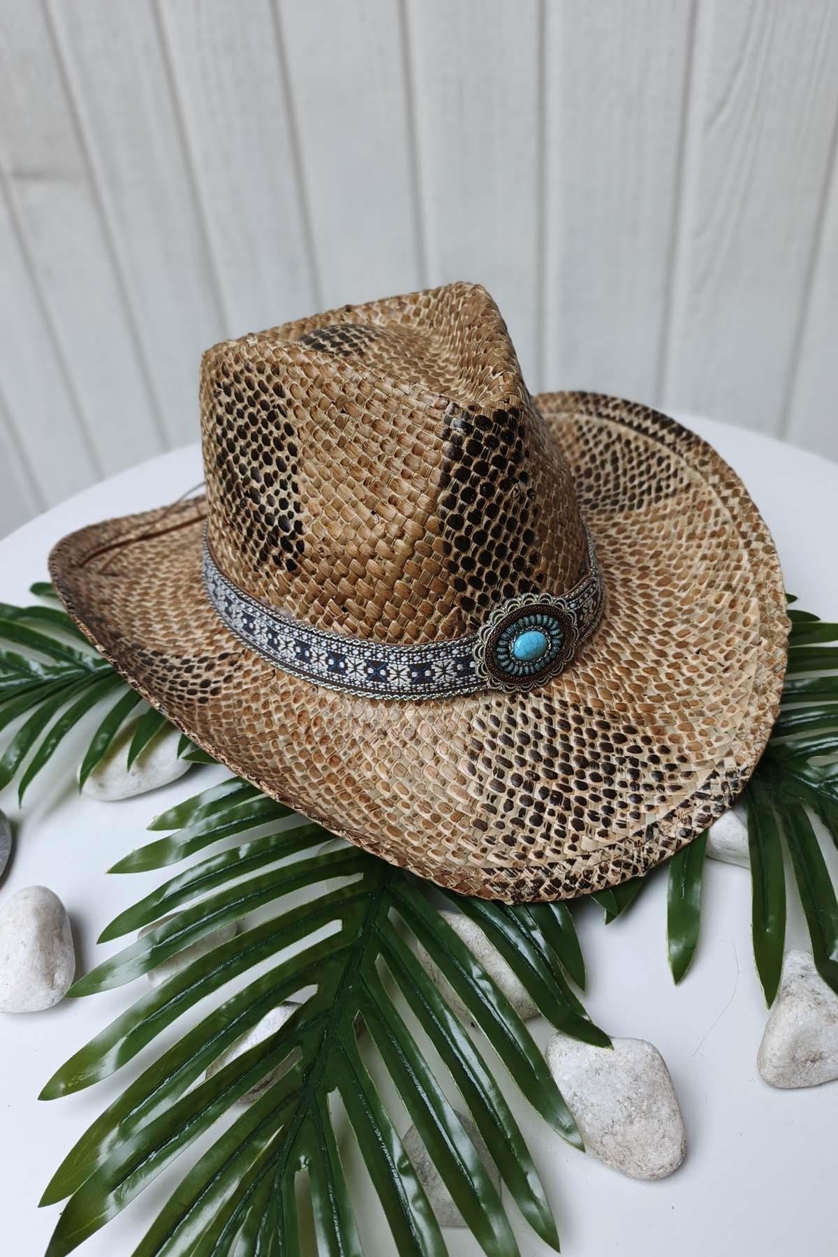 Eswomes Kilim Desen Unisex Kovboy Şapka Hasır-A.Kahve