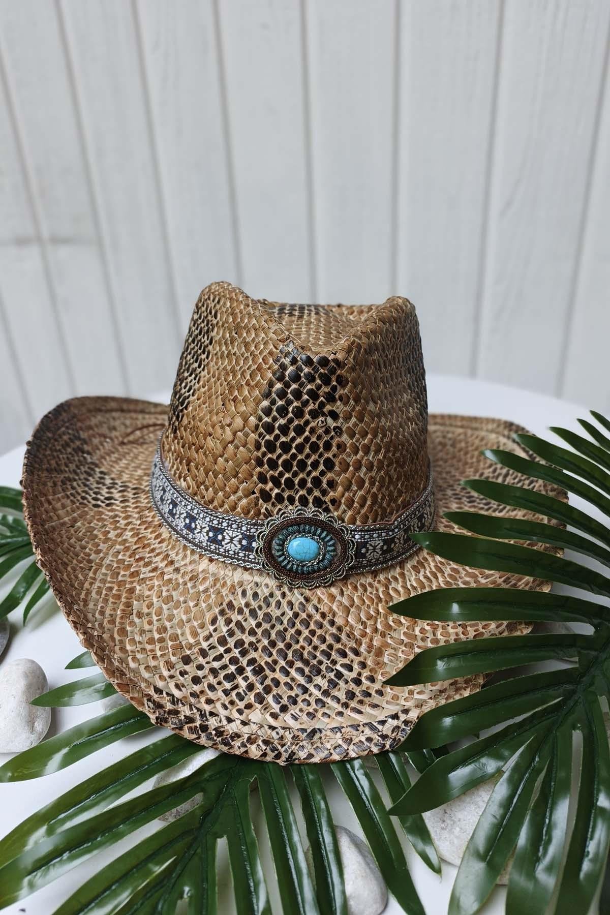 Eswomes Kilim Desen Unisex Kovboy Şapka Hasır-A.Kahve