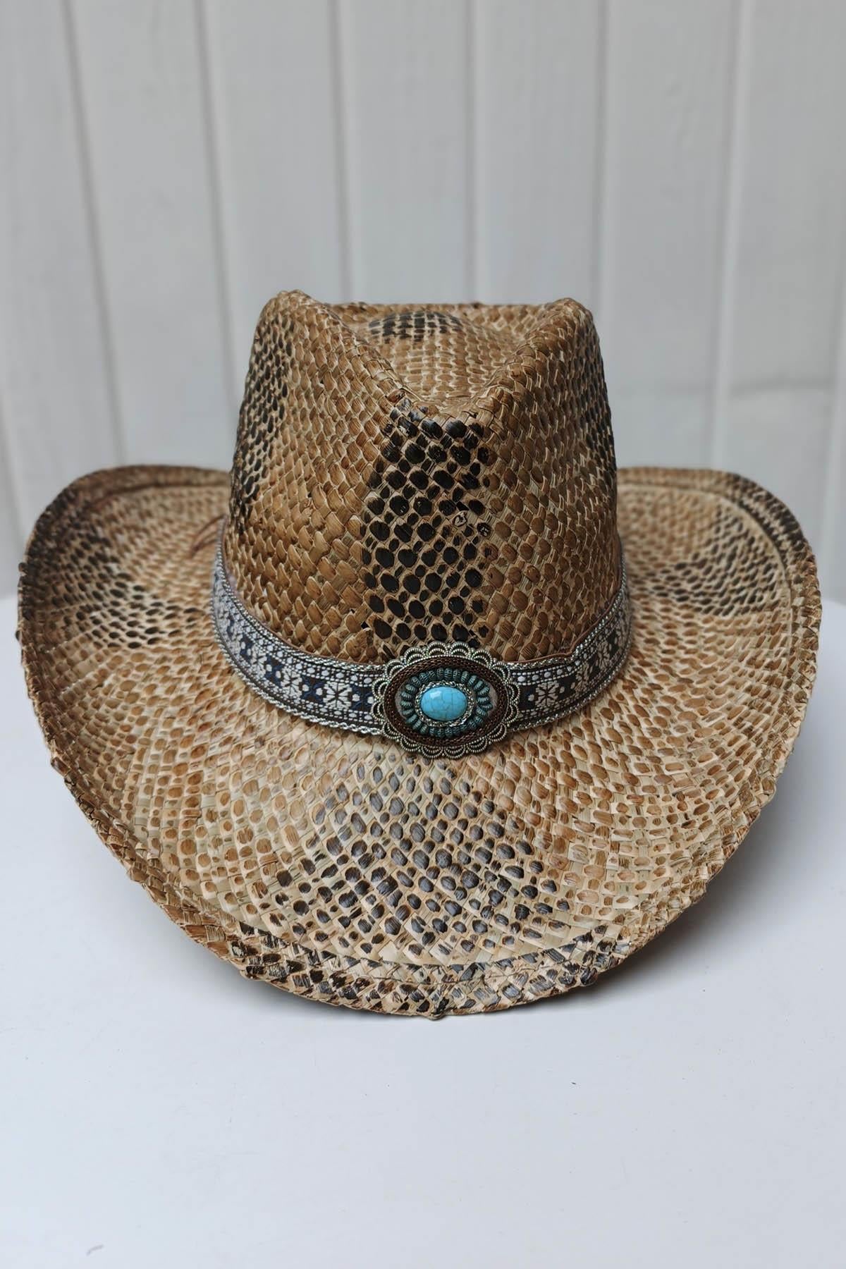 Eswomes Kilim Desen Unisex Kovboy Şapka Hasır-A.Kahve