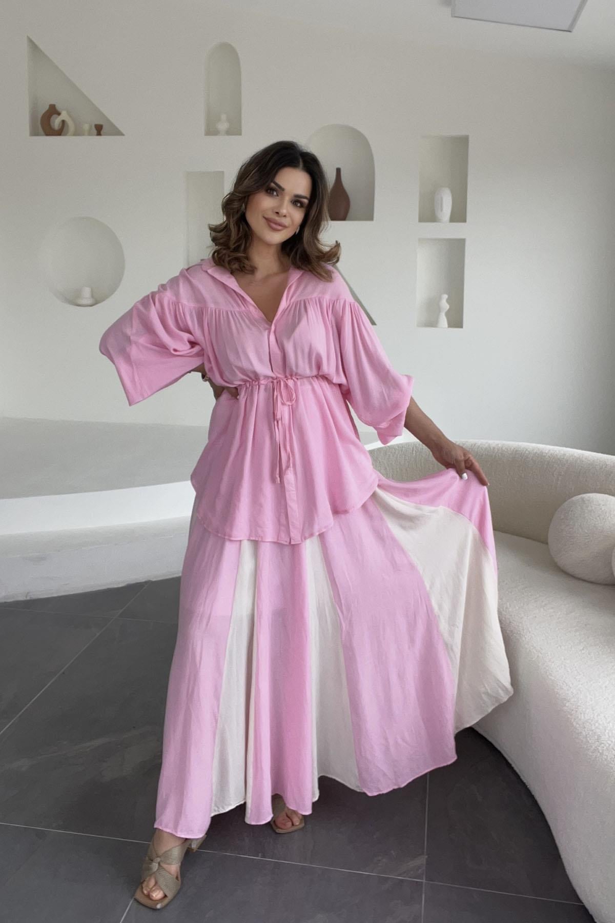 Eswomes Kraşlı İki Renk Keten Etek Pembe