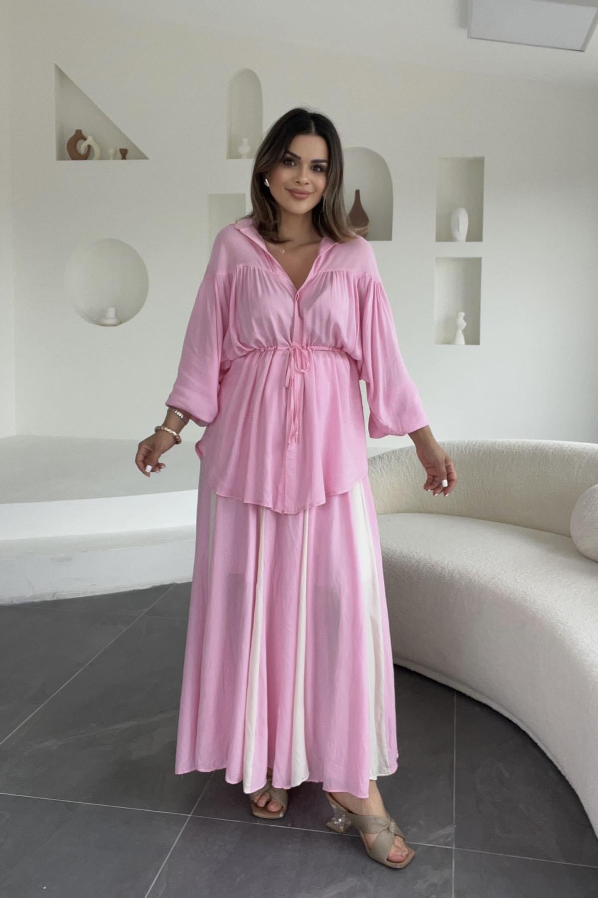 Eswomes Kraşlı İki Renk Keten Etek Pembe