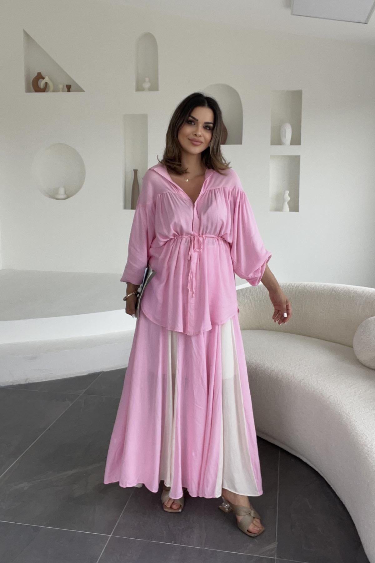 Eswomes Kraşlı İki Renk Keten Etek Pembe
