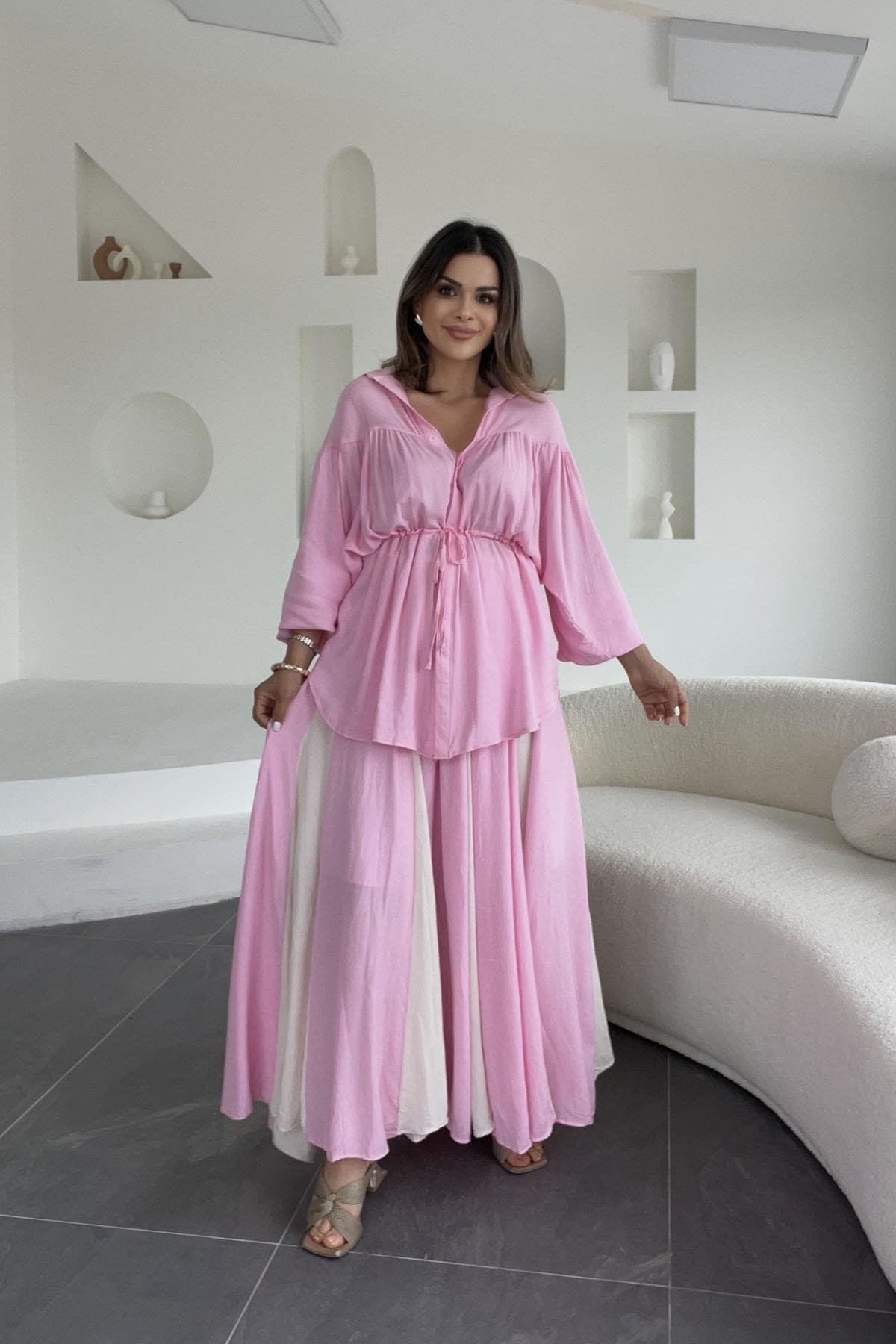 Eswomes Kraşlı İki Renk Keten Etek Pembe