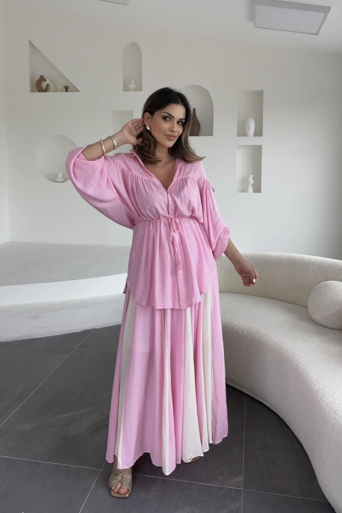 Eswomes Kraşlı İki Renk Keten Etek Pembe