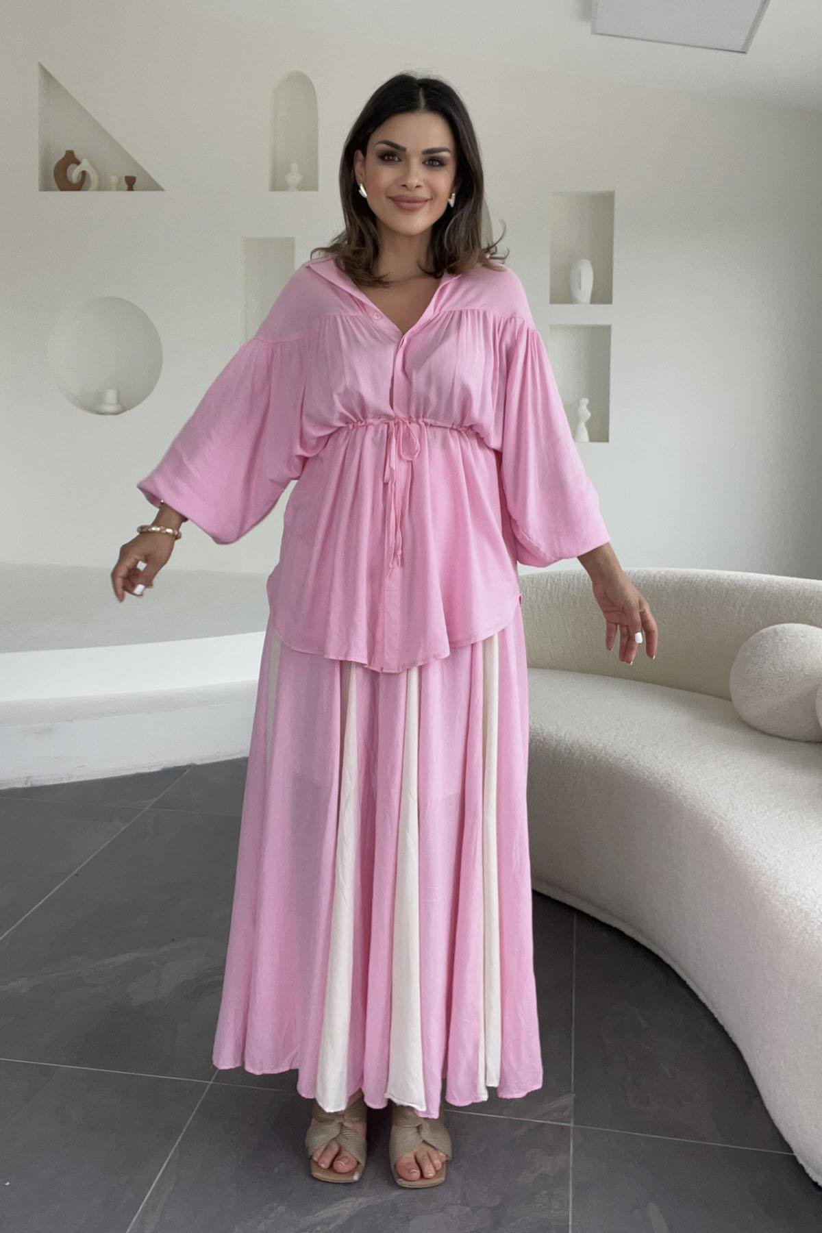 Eswomes Kraşlı İki Renk Keten Etek Pembe