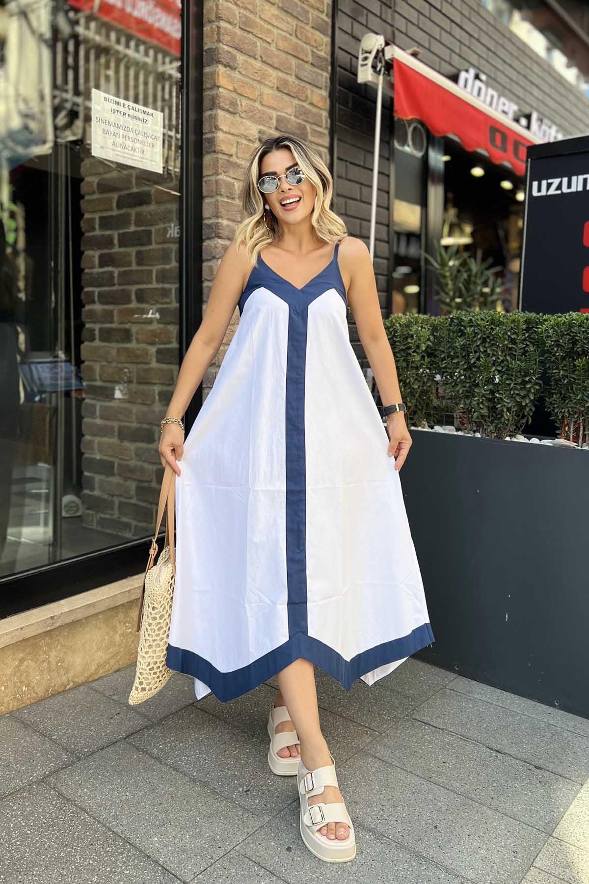 Eswomes Lacivert Şeritli Poplin Elbise Beyaz