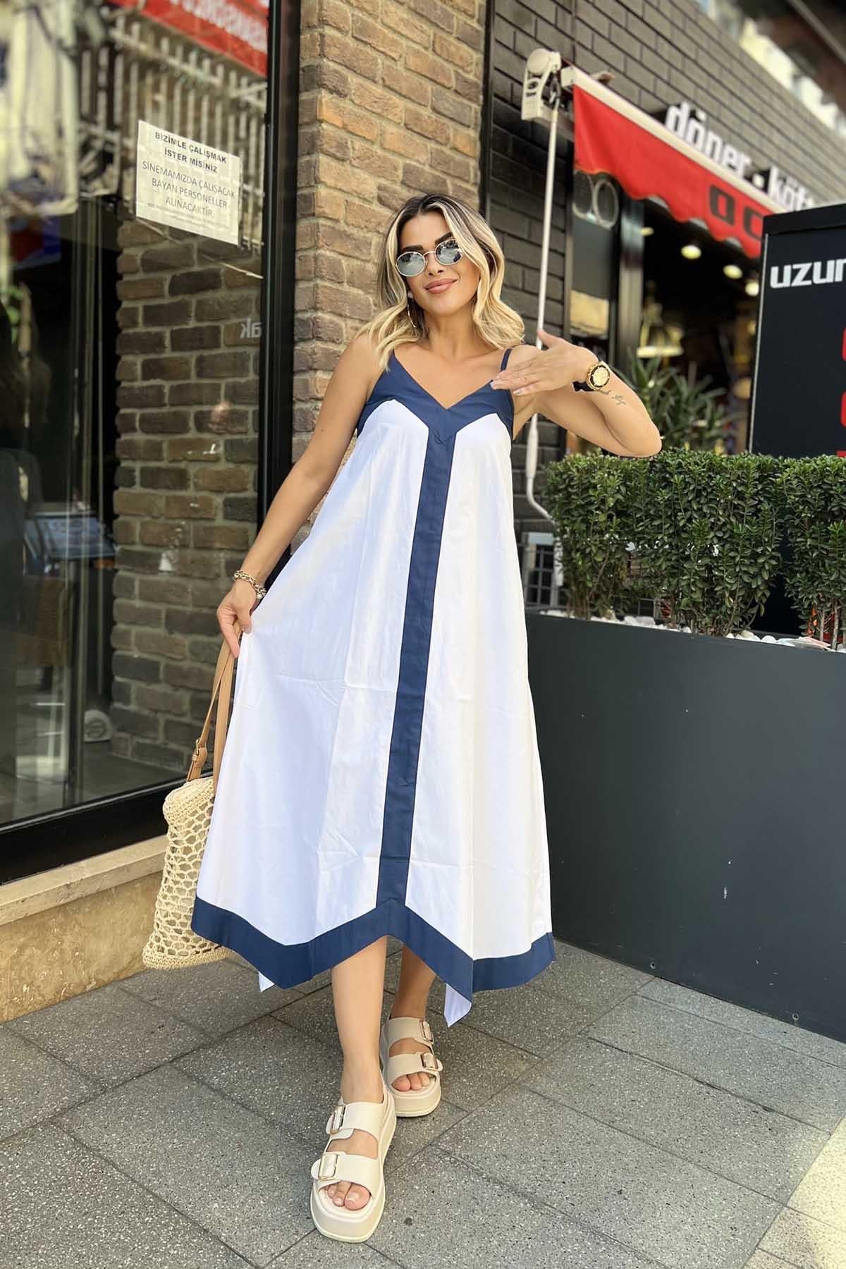 Eswomes Lacivert Şeritli Poplin Elbise Beyaz