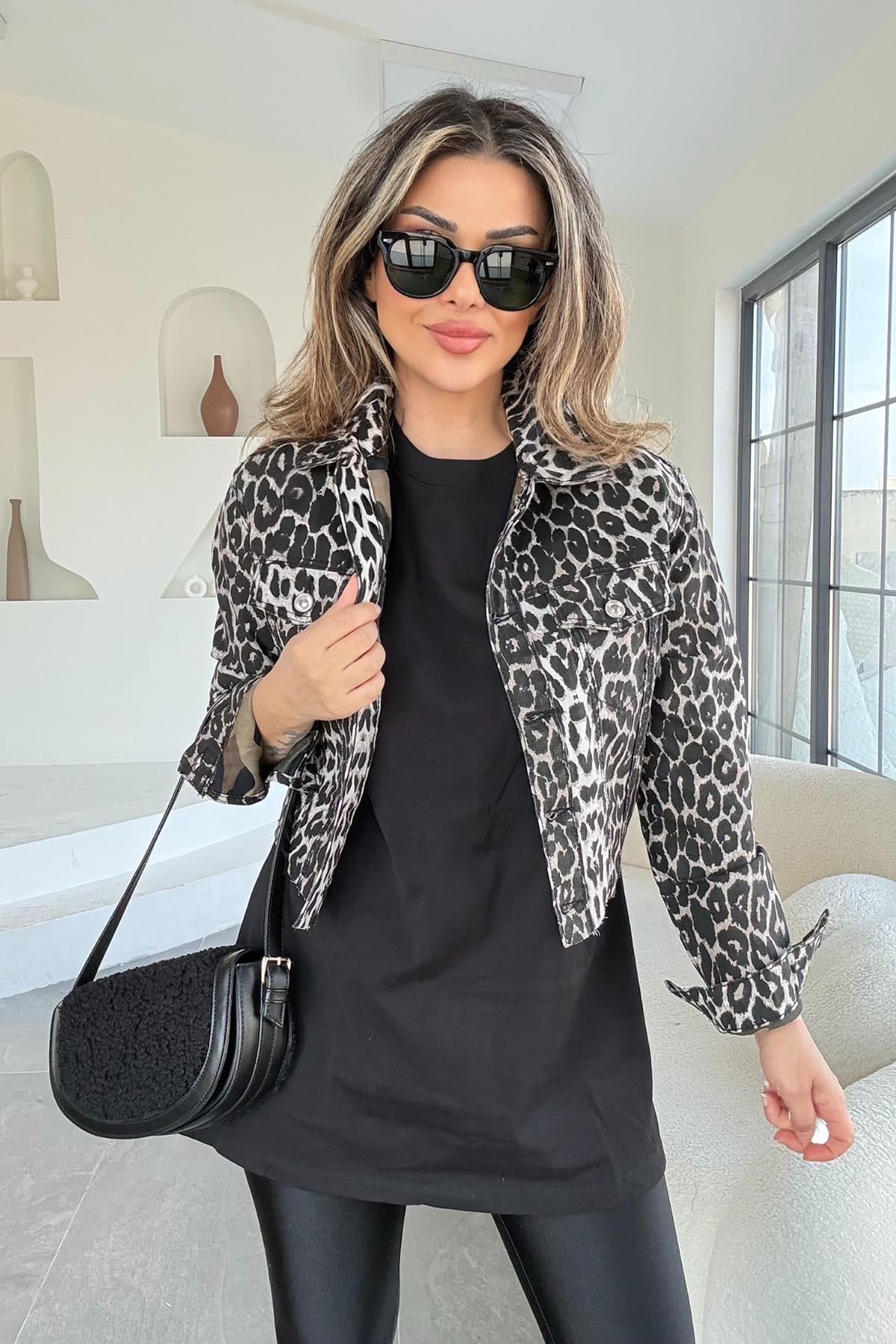 Eswomes Leopar Desen Ön Cepli Ceket leopar