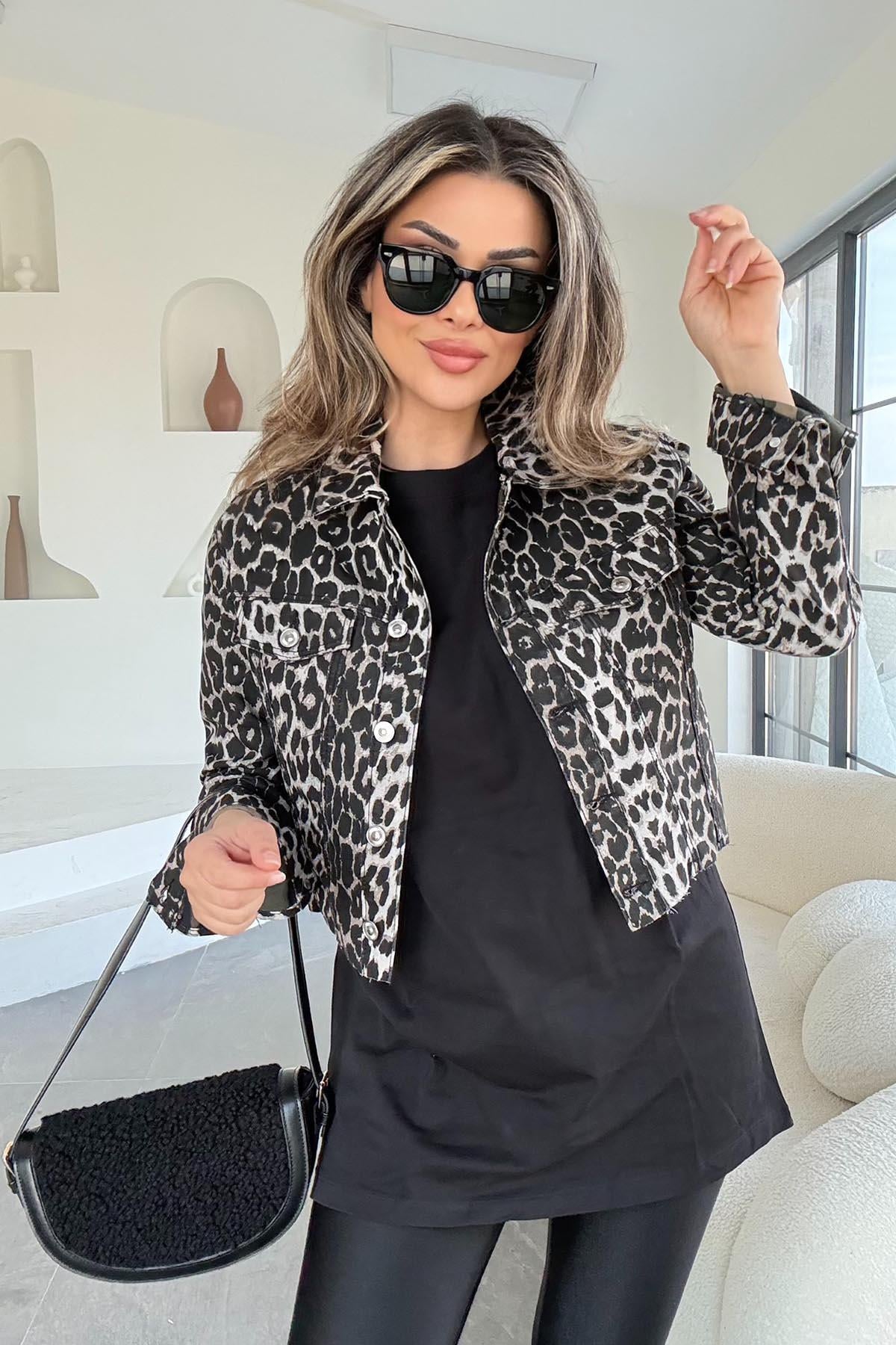 Eswomes Leopar Desen Ön Cepli Ceket leopar