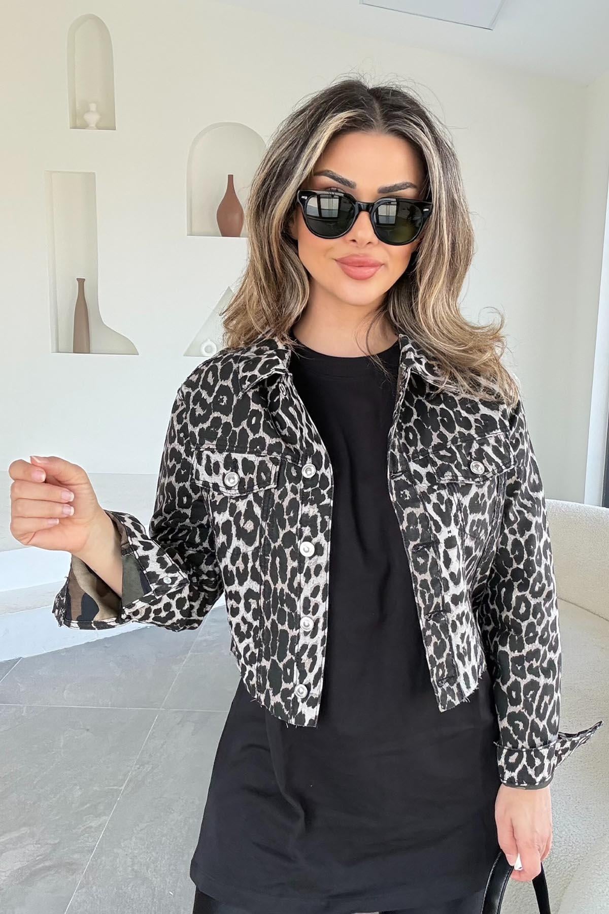 Eswomes Leopar Desen Ön Cepli Ceket leopar