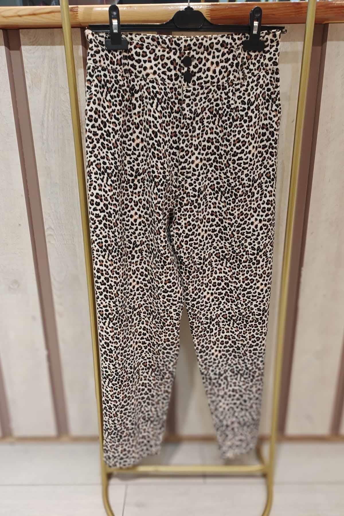 Eswomes Leopar Desenli Mom Pantolon Siyah