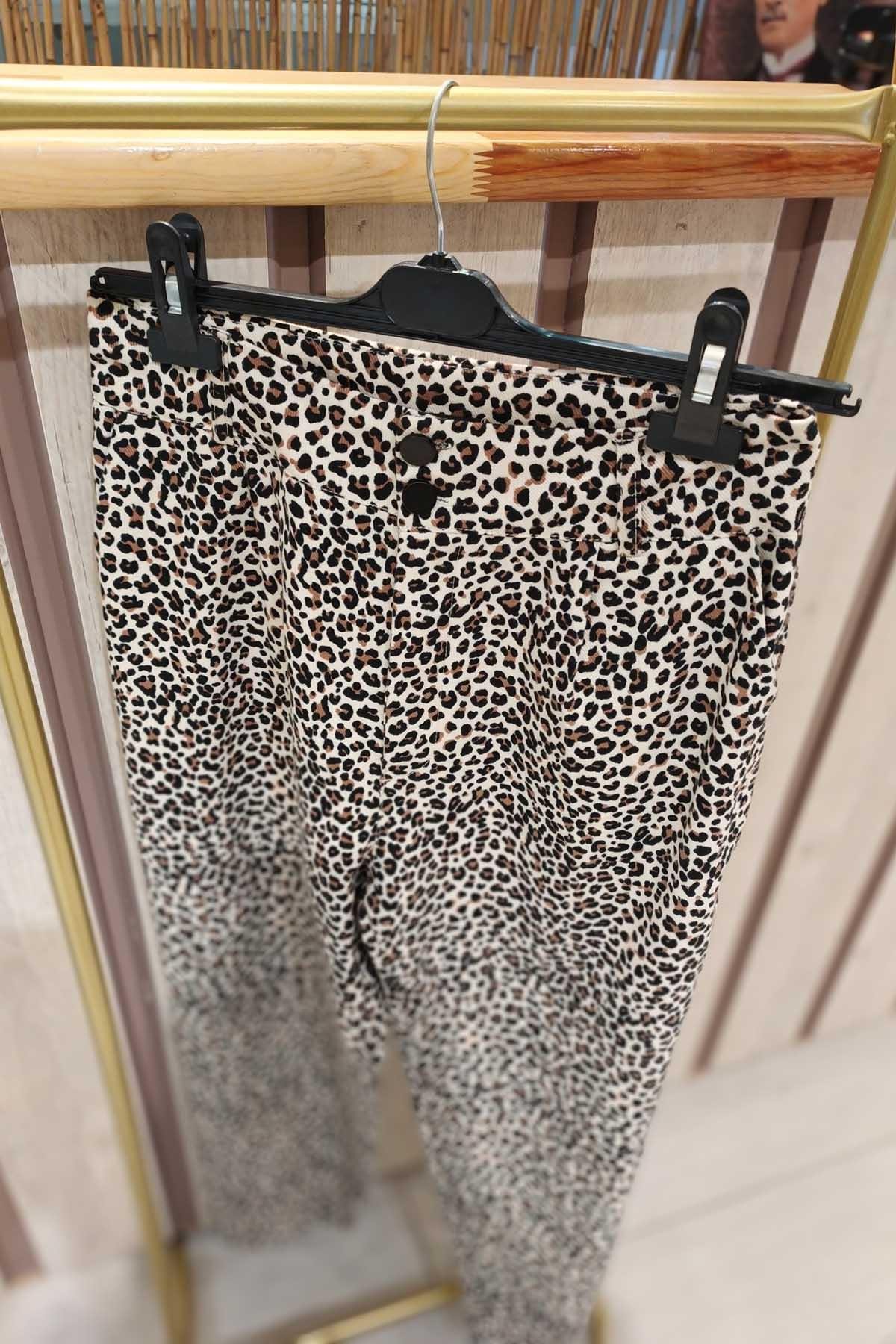 Eswomes Leopar Desenli Mom Pantolon Siyah