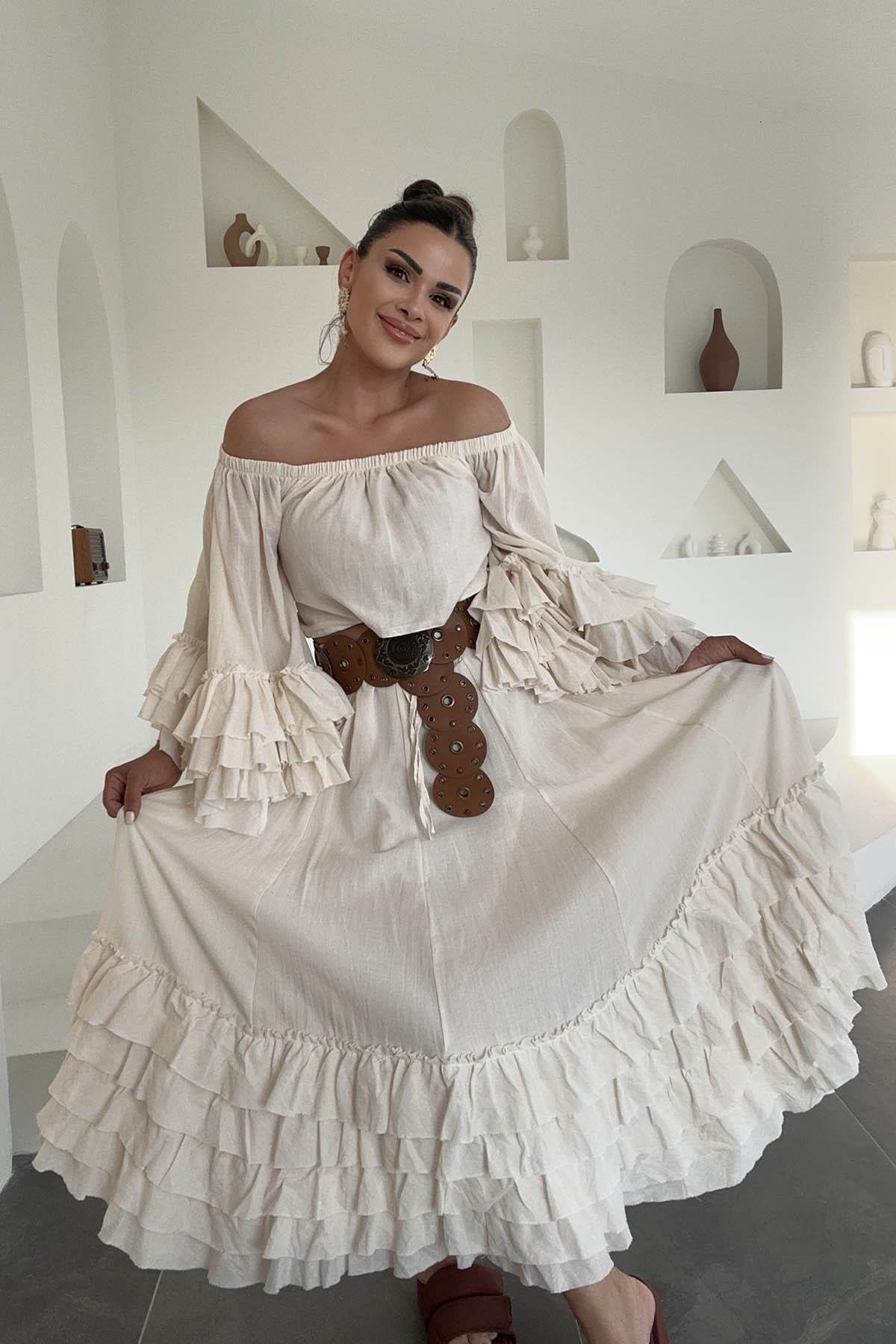Eswomes Madonna Yaka Kolları Ve Etek Uçları Volanlı Takım Ekru