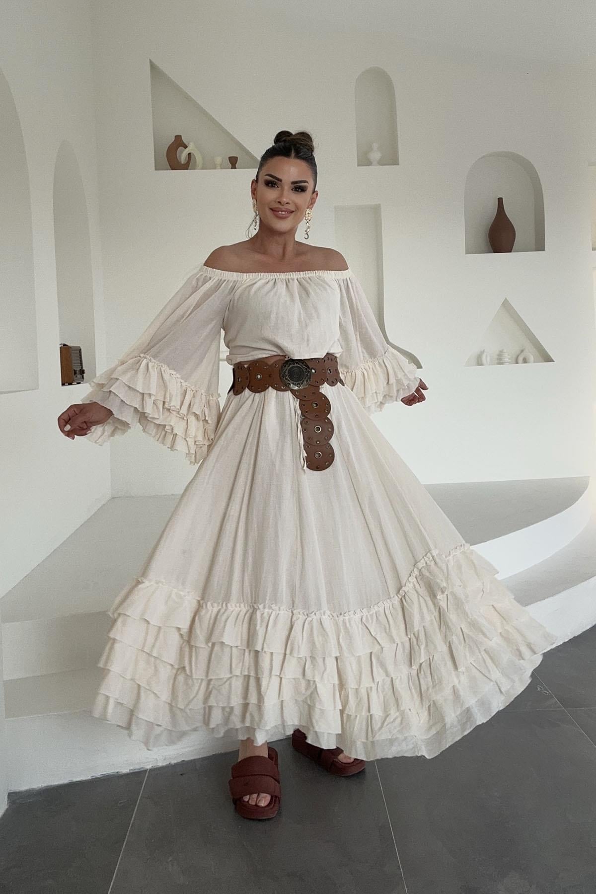 Eswomes Madonna Yaka Kolları Ve Etek Uçları Volanlı Takım Ekru
