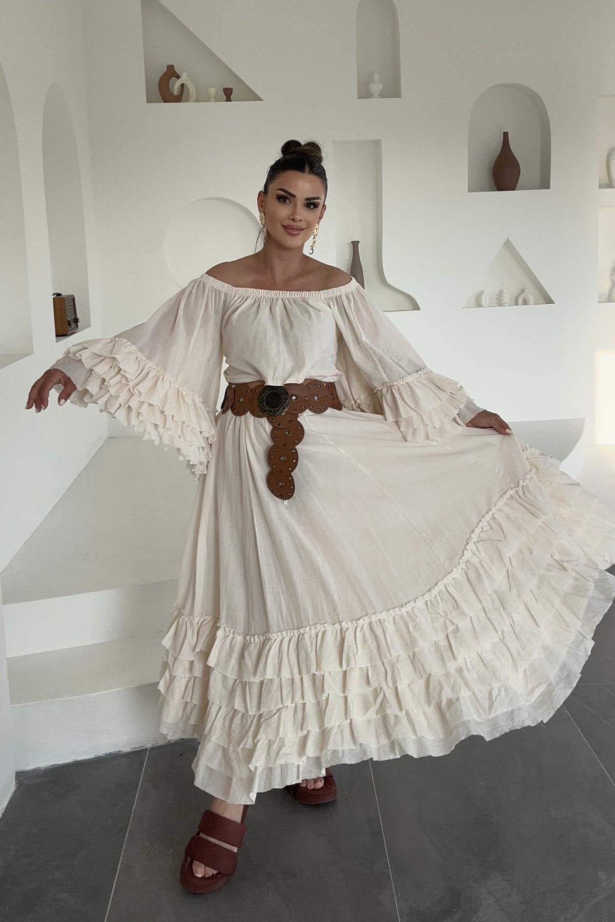 Eswomes Madonna Yaka Kolları Ve Etek Uçları Volanlı Takım Ekru