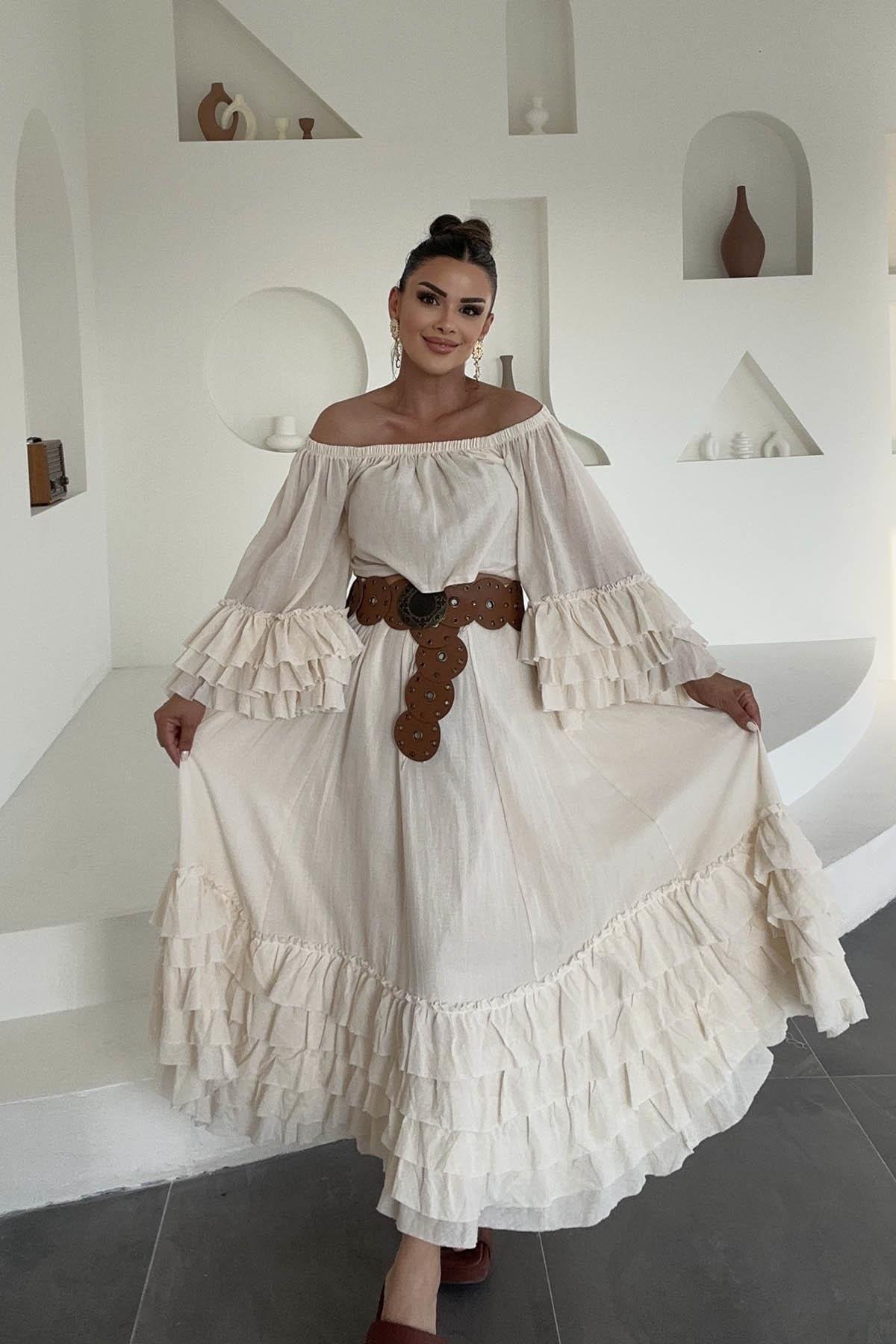 Eswomes Madonna Yaka Kolları Ve Etek Uçları Volanlı Takım Ekru