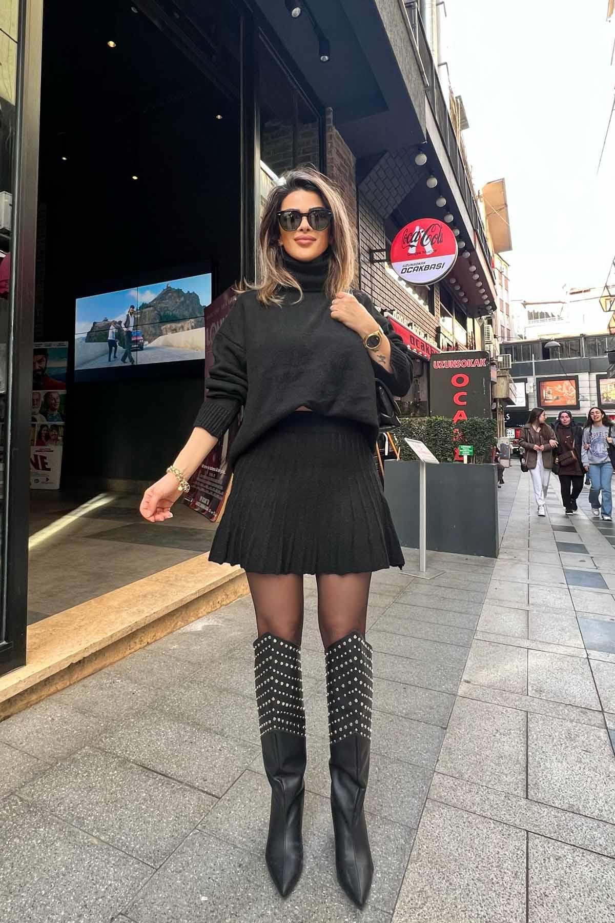Eswomes Mini Etek & Oversize Balıkçı Triko Takım Siyah