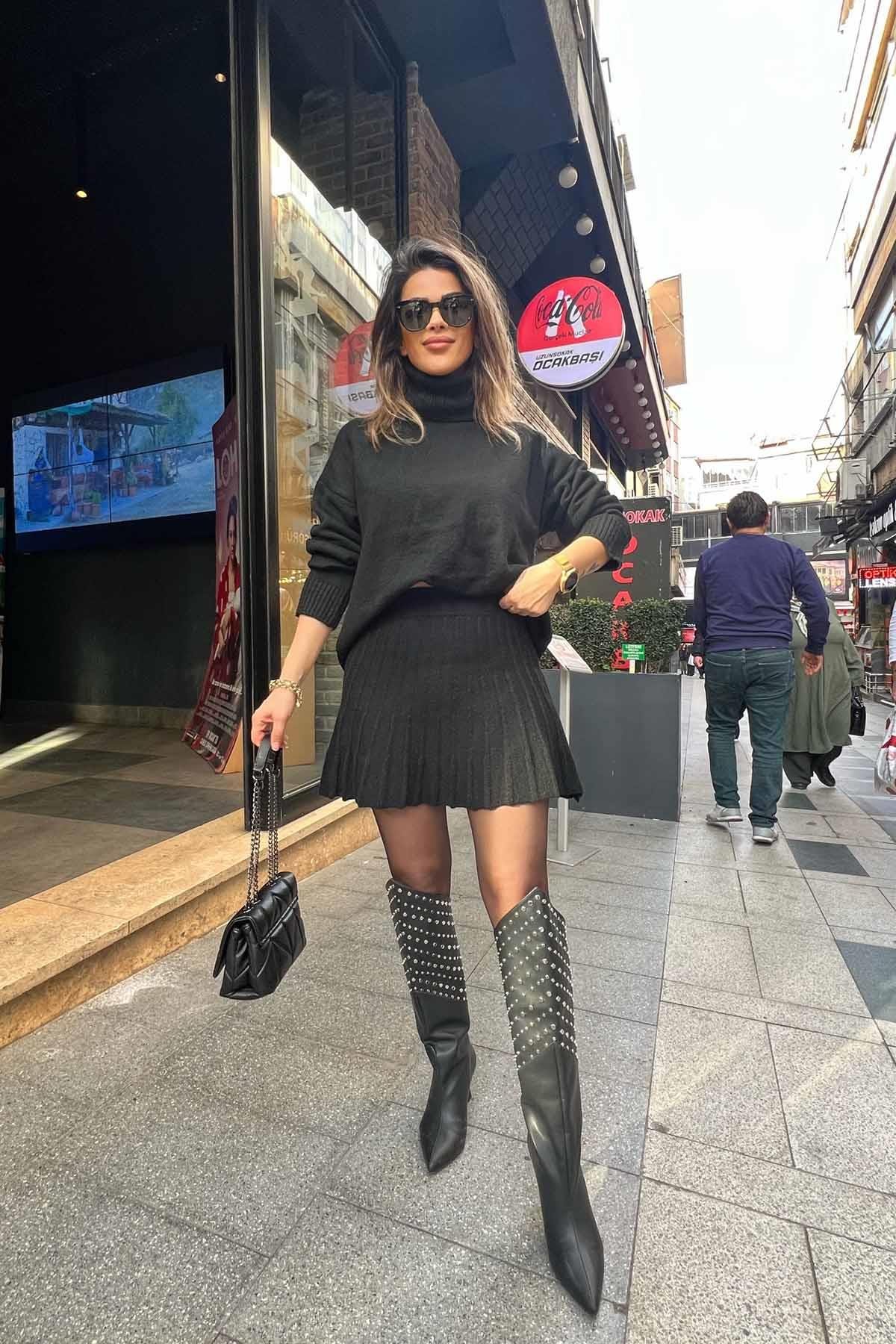 Eswomes Mini Etek & Oversize Balıkçı Triko Takım Siyah