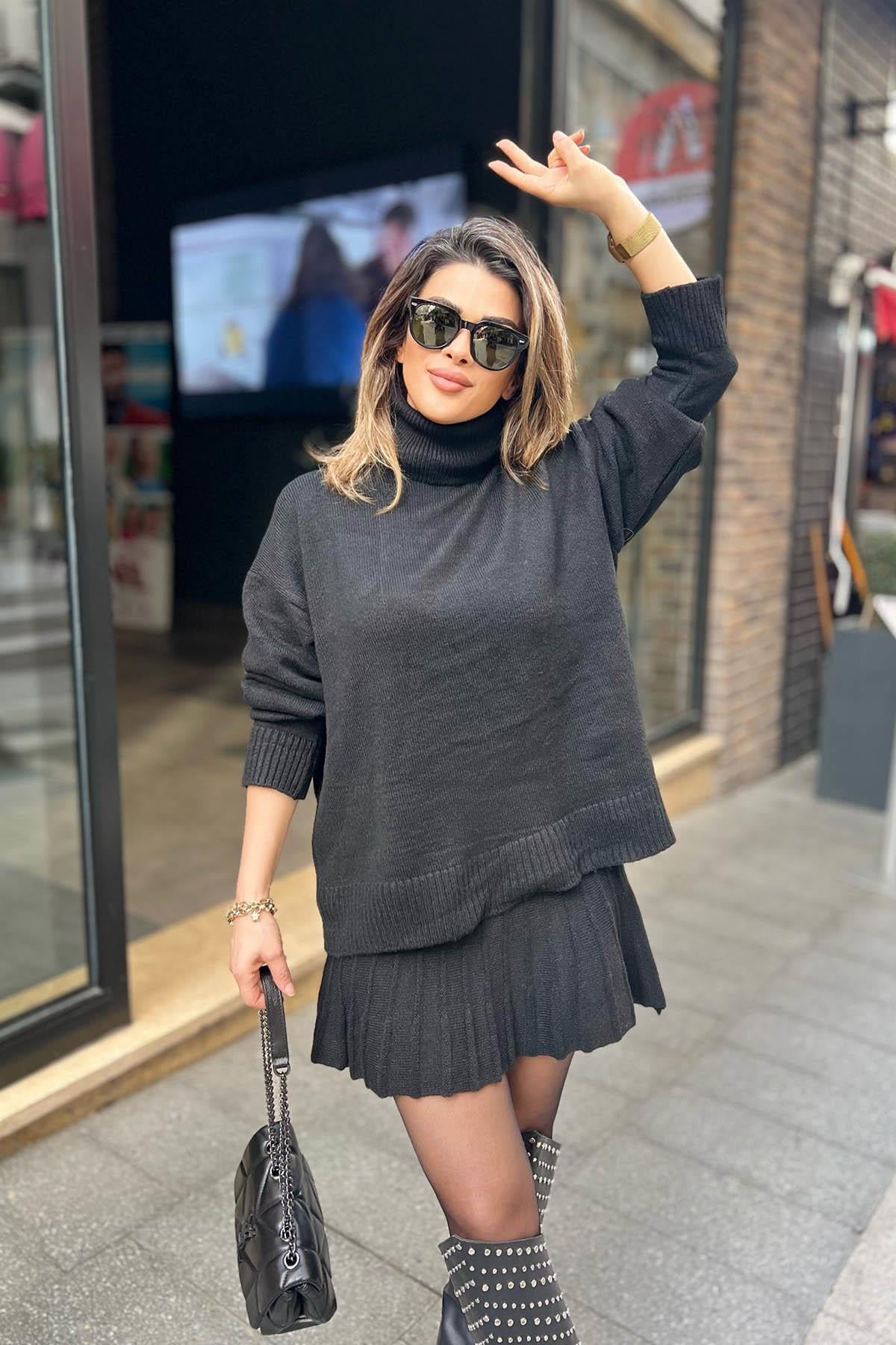 Eswomes Mini Etek & Oversize Balıkçı Triko Takım Siyah