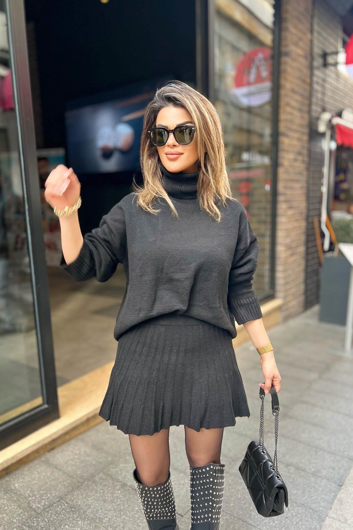 Eswomes Mini Etek & Oversize Balıkçı Triko Takım Siyah