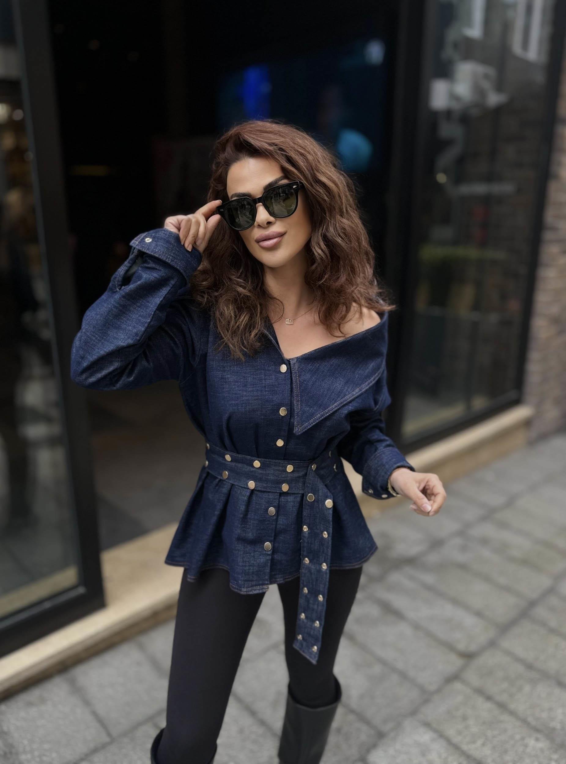 Eswomes Omuz Açık Kemerli Troklu Denim Gömlek Koyu Lacivert