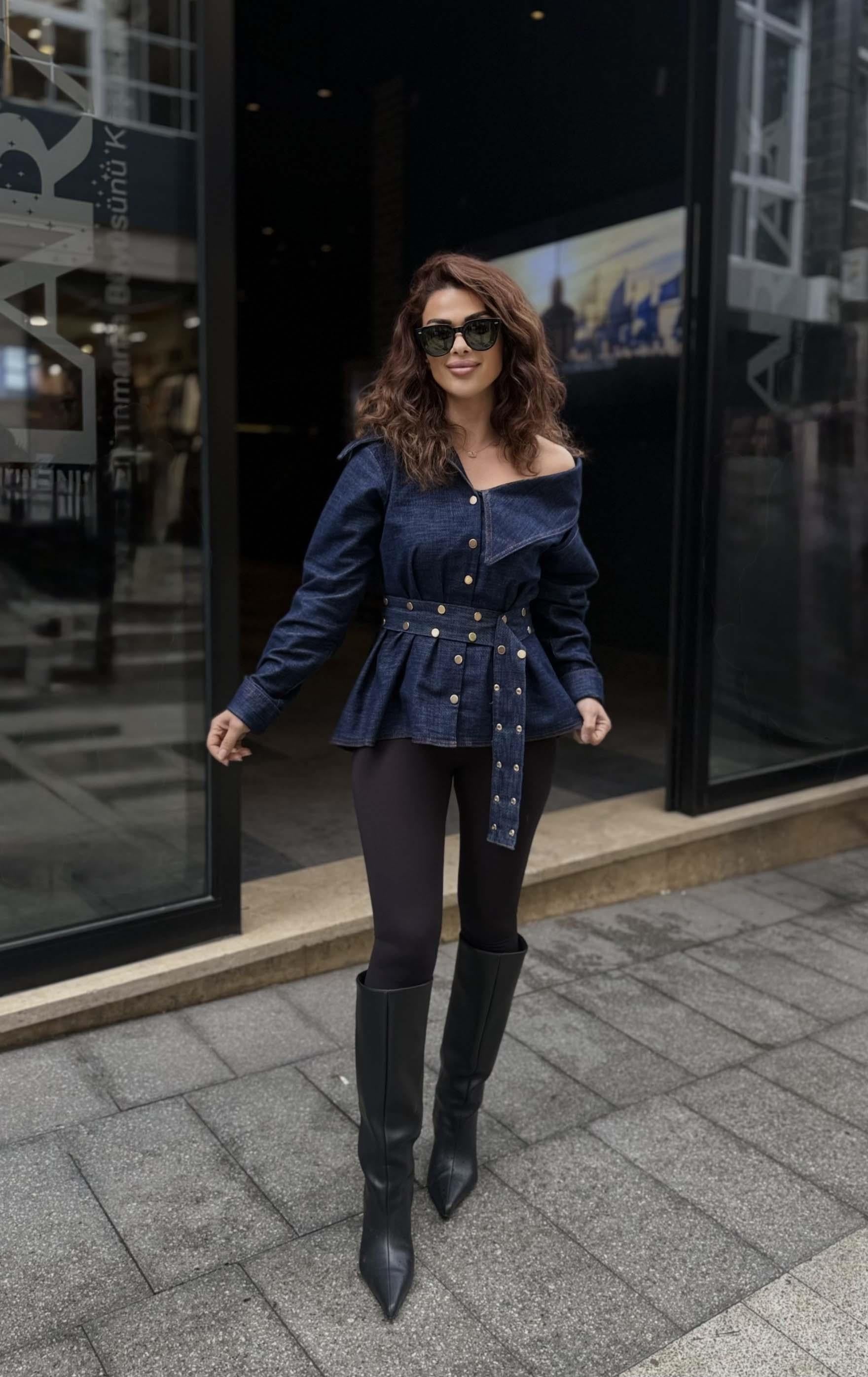 Eswomes Omuz Açık Kemerli Troklu Denim Gömlek Koyu Lacivert