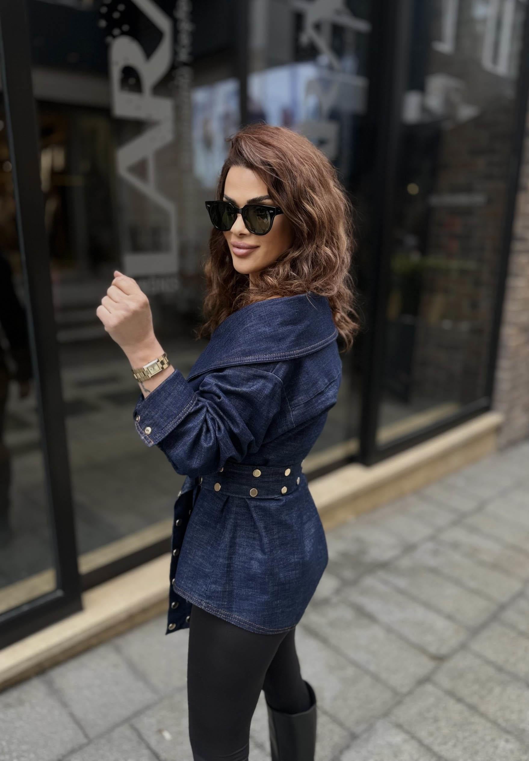 Eswomes Omuz Açık Kemerli Troklu Denim Gömlek Koyu Lacivert