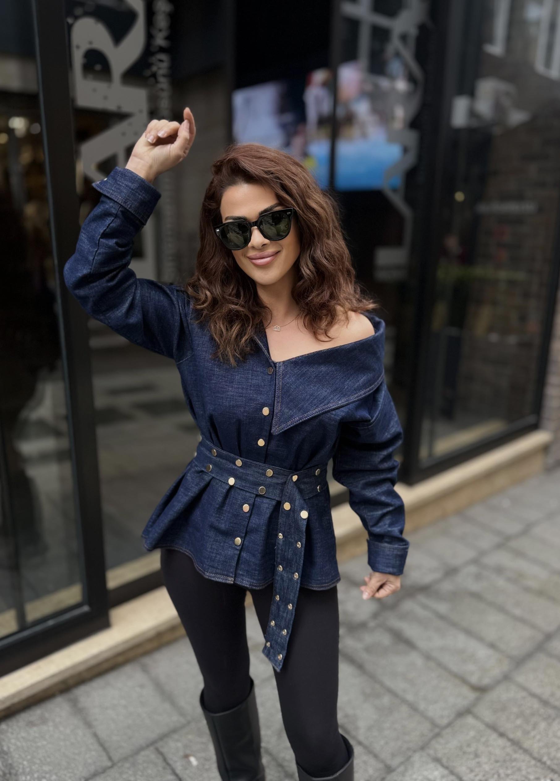Eswomes Omuz Açık Kemerli Troklu Denim Gömlek Koyu Lacivert