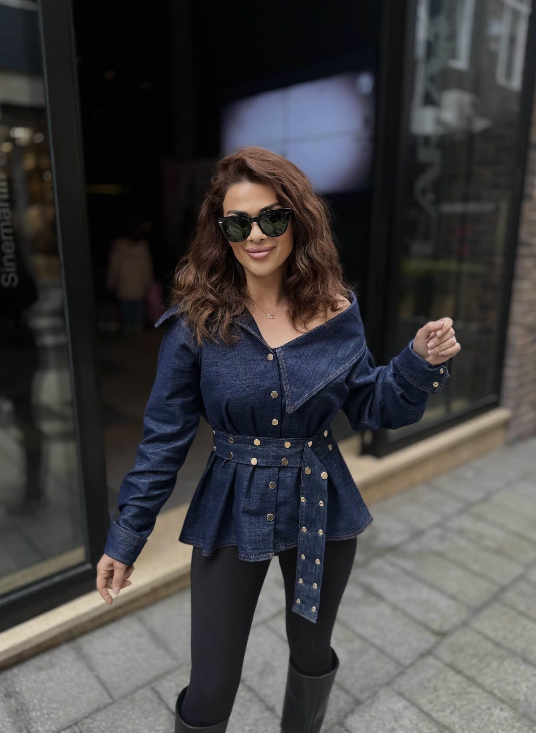 Eswomes Omuz Açık Kemerli Troklu Denim Gömlek Koyu Lacivert