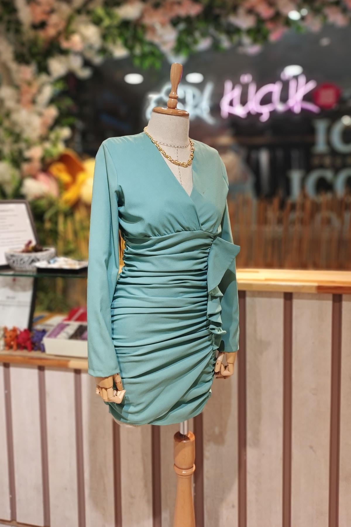 Eswomes Ön Drape Kısa Elbise Mint Yeşili