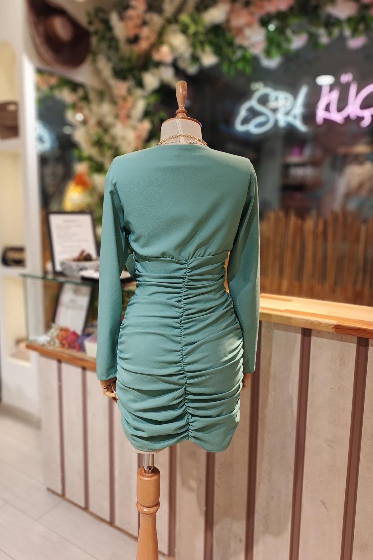 Eswomes Ön Drape Kısa Elbise Mint Yeşili