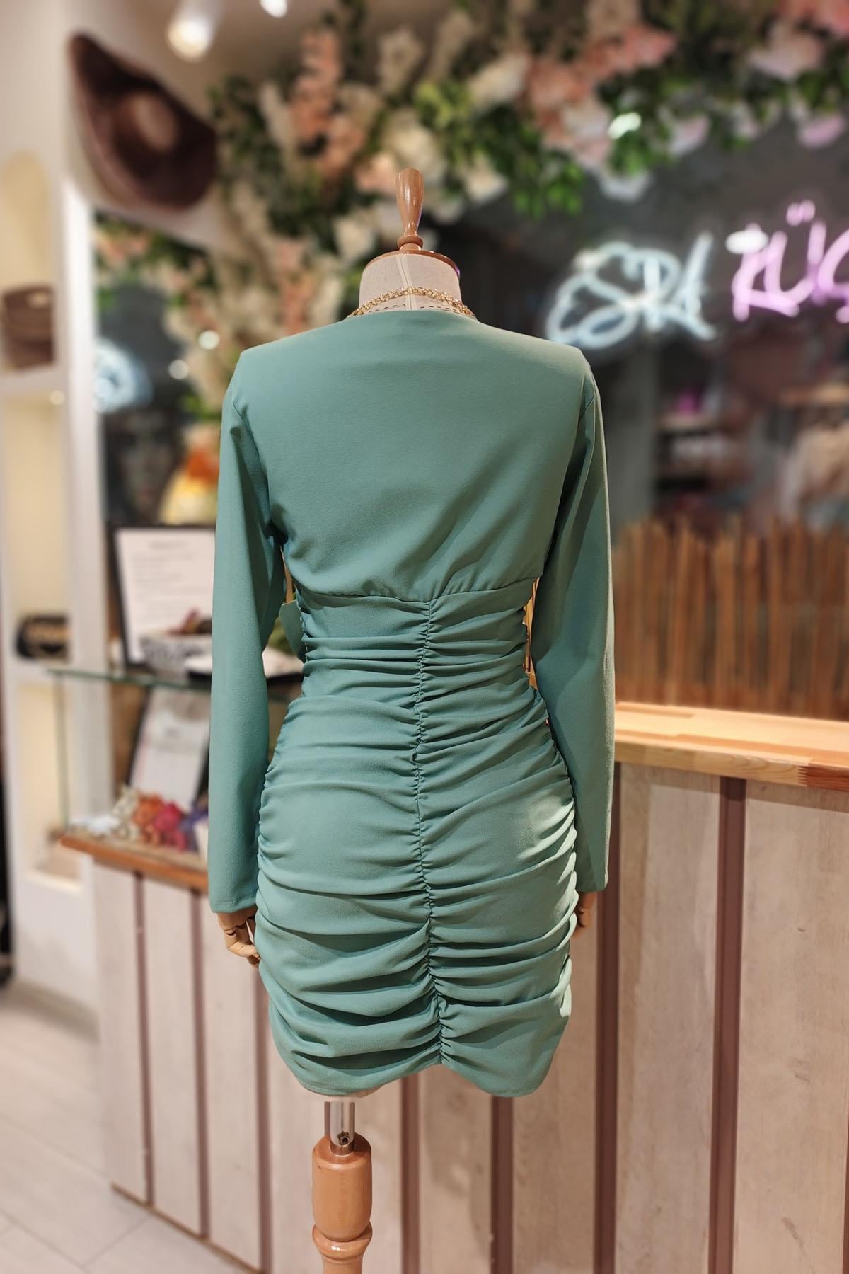 Eswomes Ön Drape Kısa Elbise Mint Yeşili