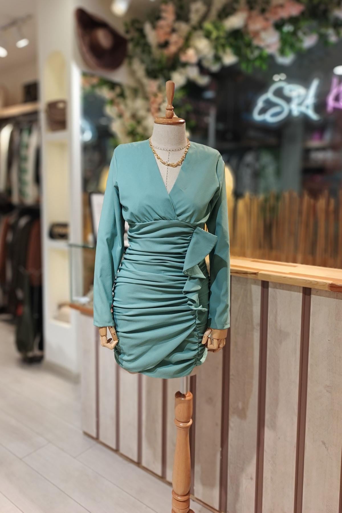 Eswomes Ön Drape Kısa Elbise Mint Yeşili