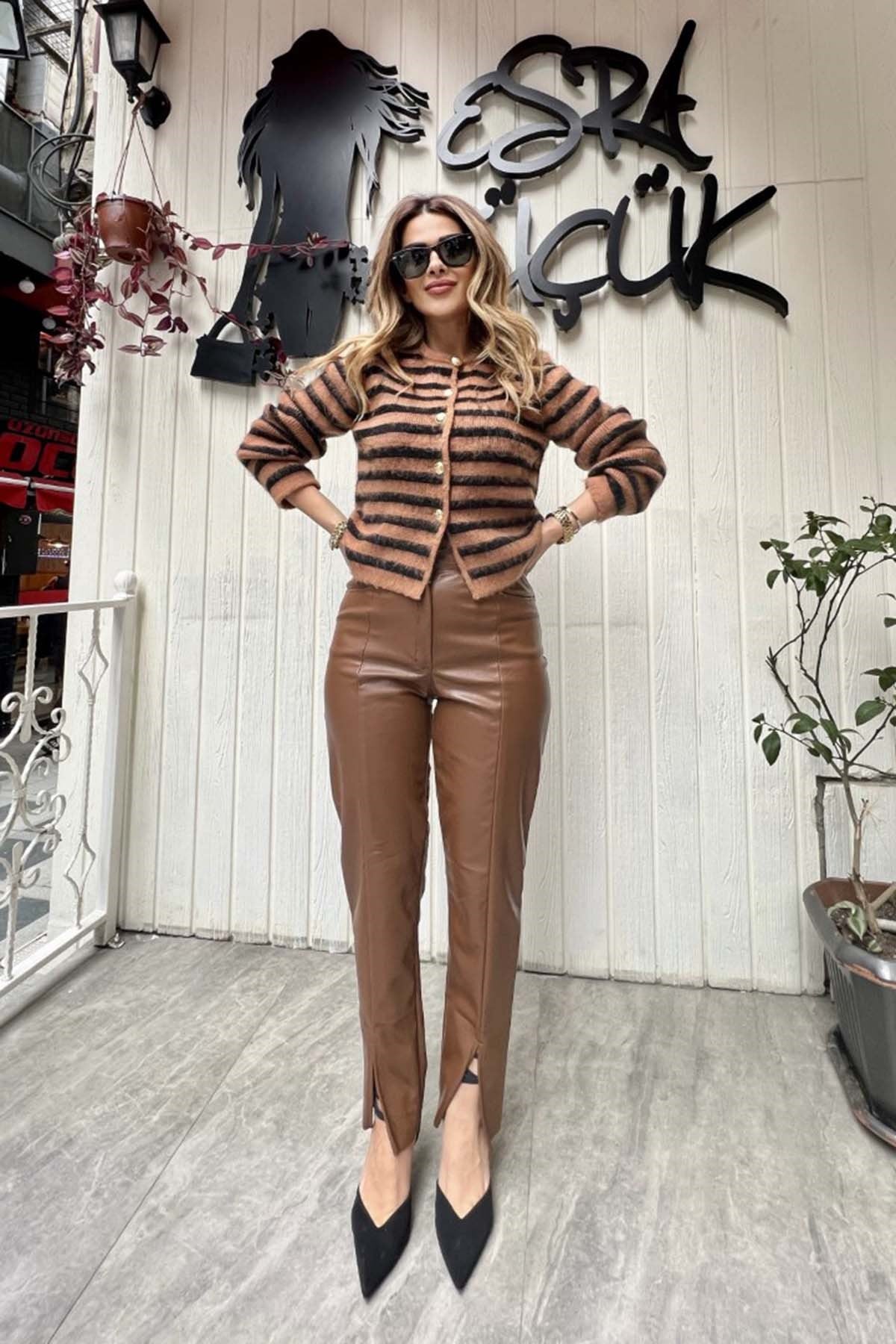 Eswomes Ön Yırtmaçlı Boru Paça Deri Pnt Kahverengi