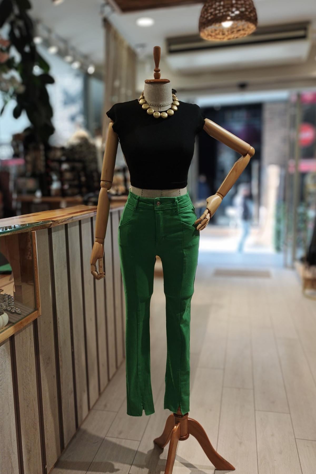 Eswomes Ön Yırtmaçlı Slim Pantolon Yeşil