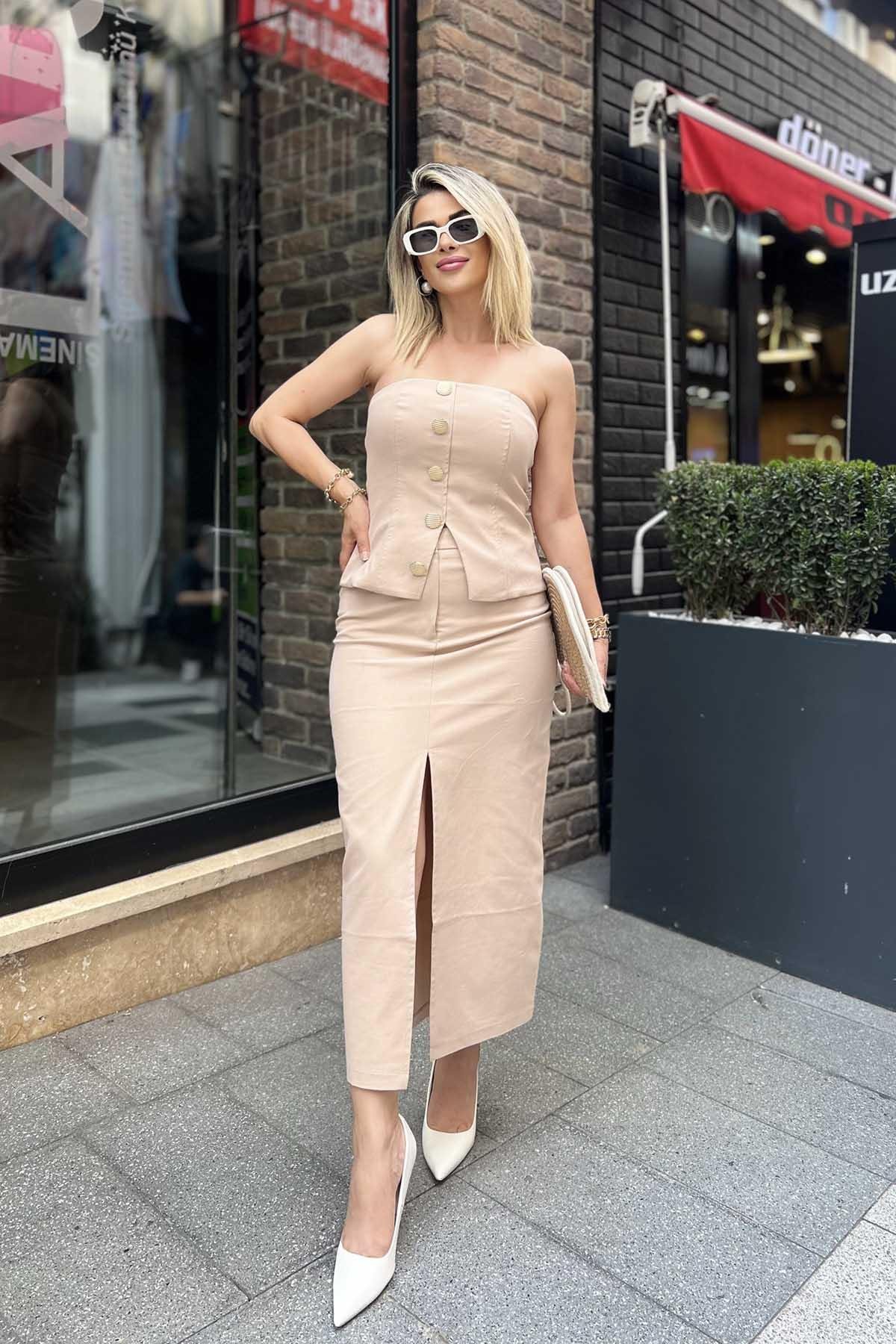 Eswomes Önden Yırtmaçlı Midi Boy Etek Bej