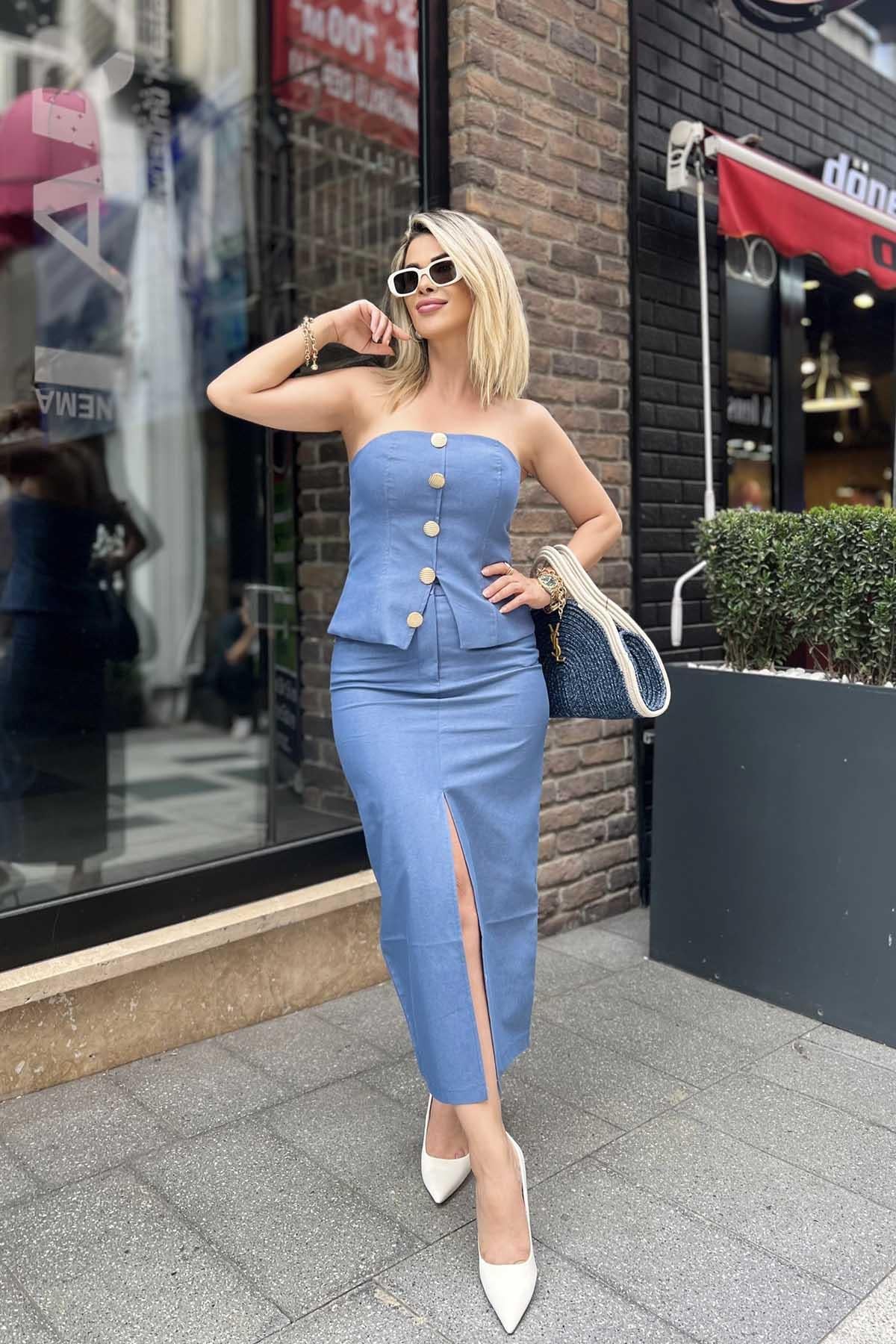 Eswomes Önden Yırtmaçlı Midi Boy Etek İndigo