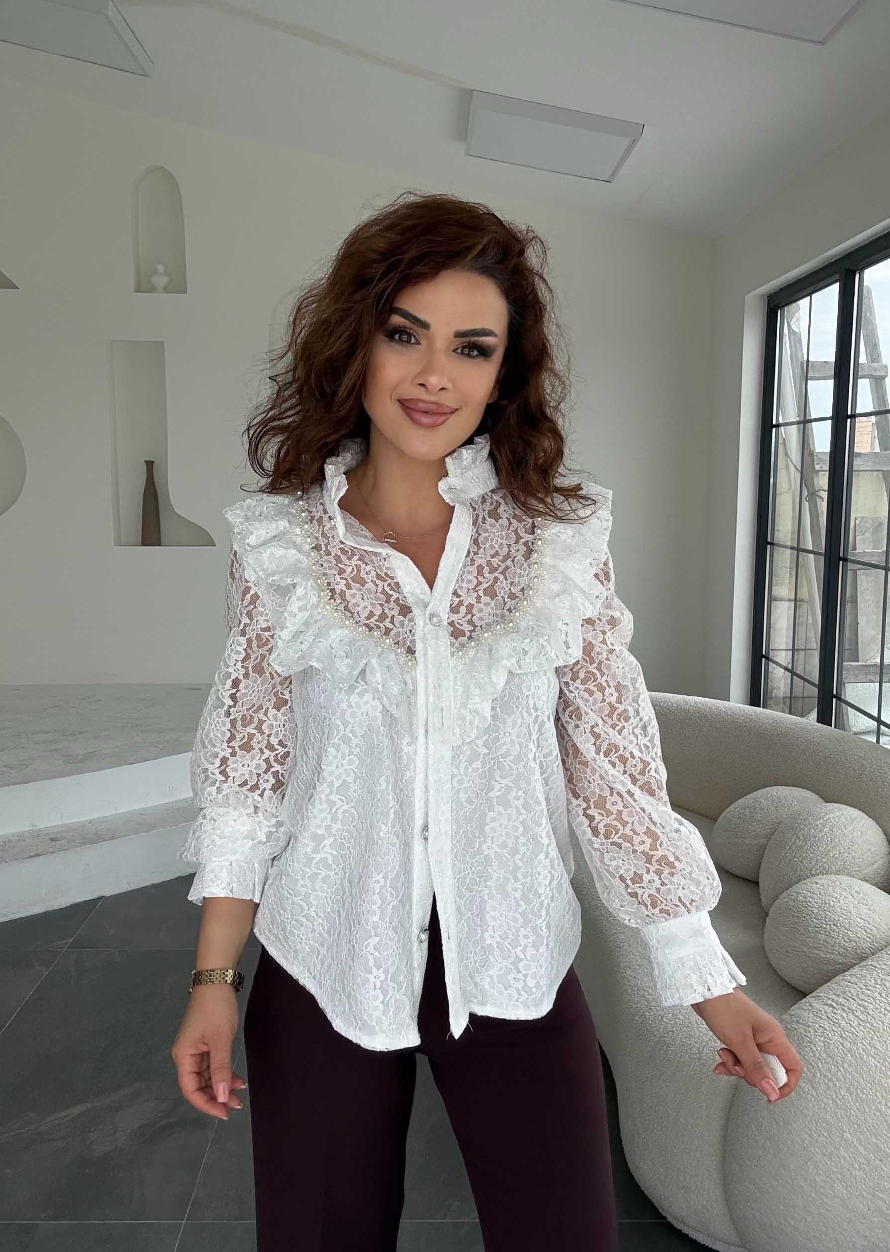 Eswomes Önü Düşes Model Güpür Ve İncili Gömlek Beyaz