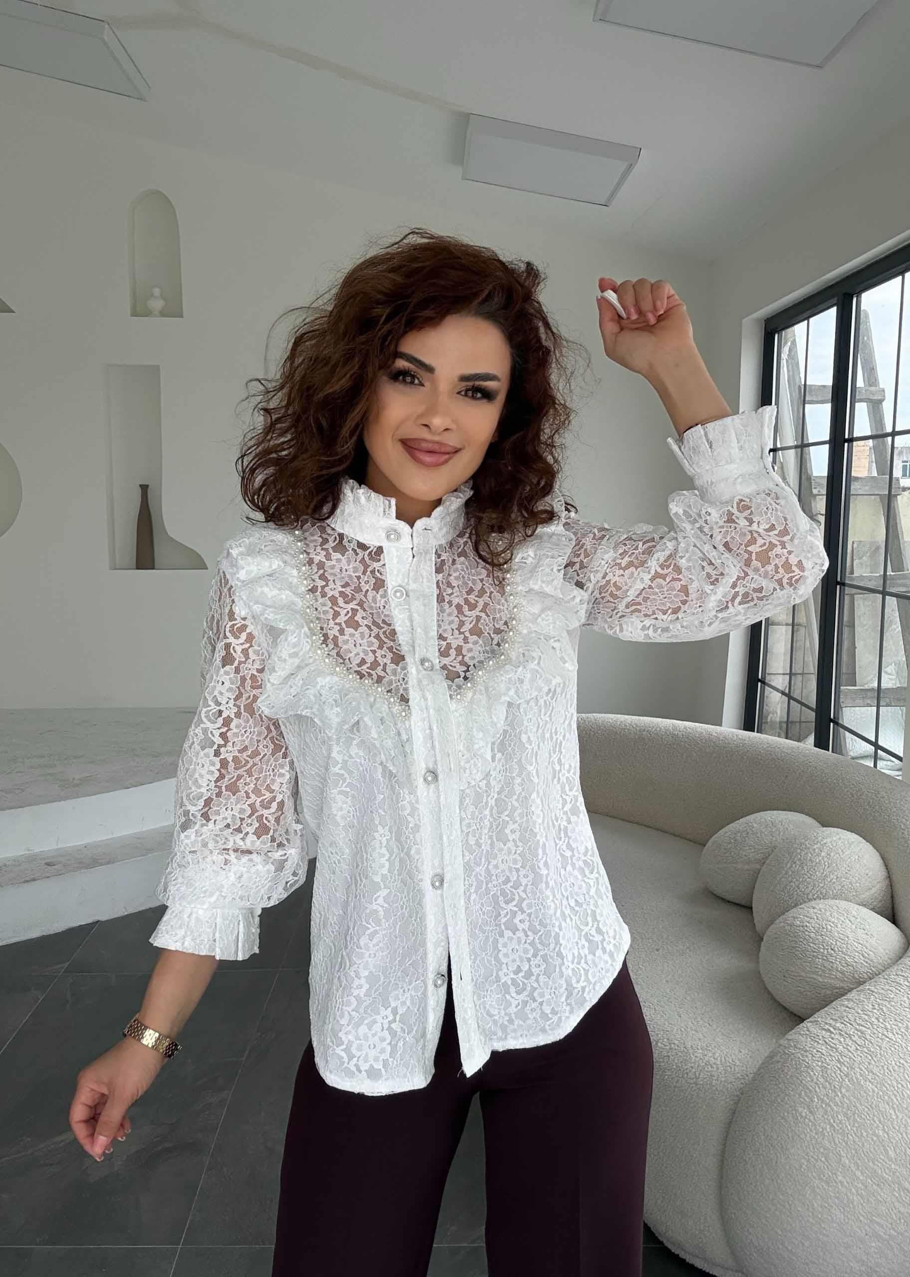 Eswomes Önü Düşes Model Güpür Ve İncili Gömlek Beyaz